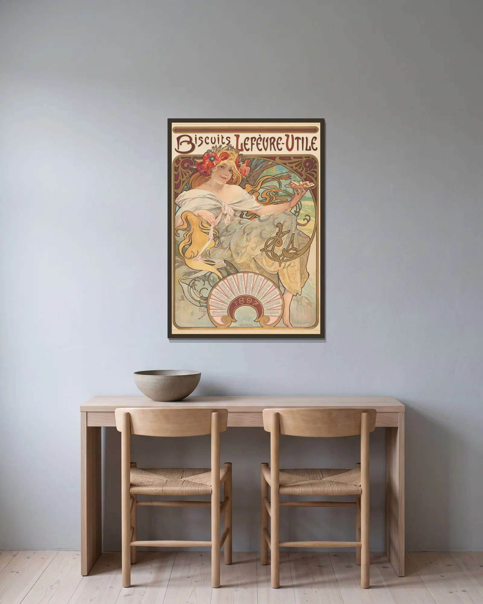 Biscuits Lefèvre-Utile av Alphonse Mucha inramad på en vägg