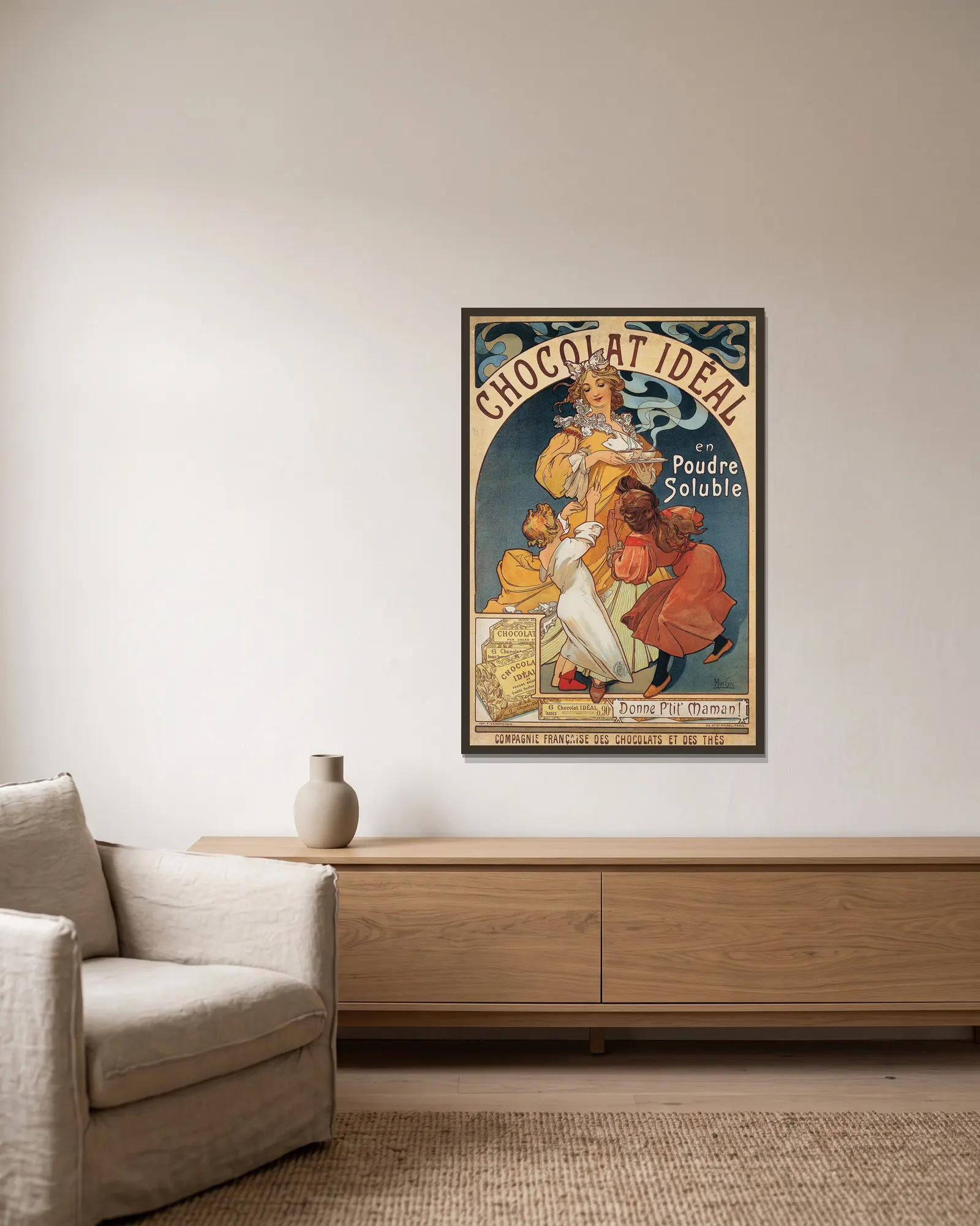 Chocolat Idéal av Alphonse Mucha inramad på en vägg
