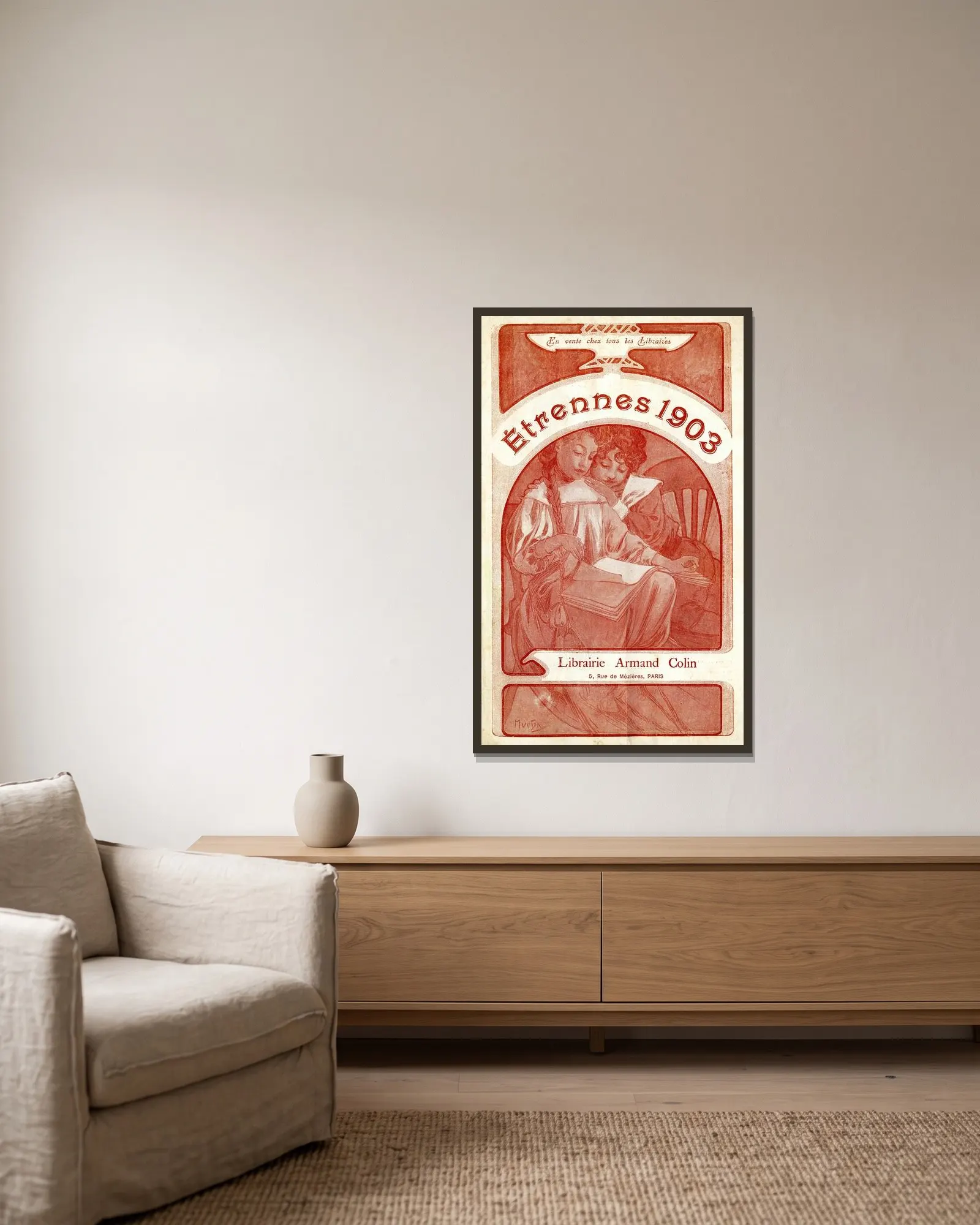 Etrennes av Alphonse Mucha inramad på en vägg