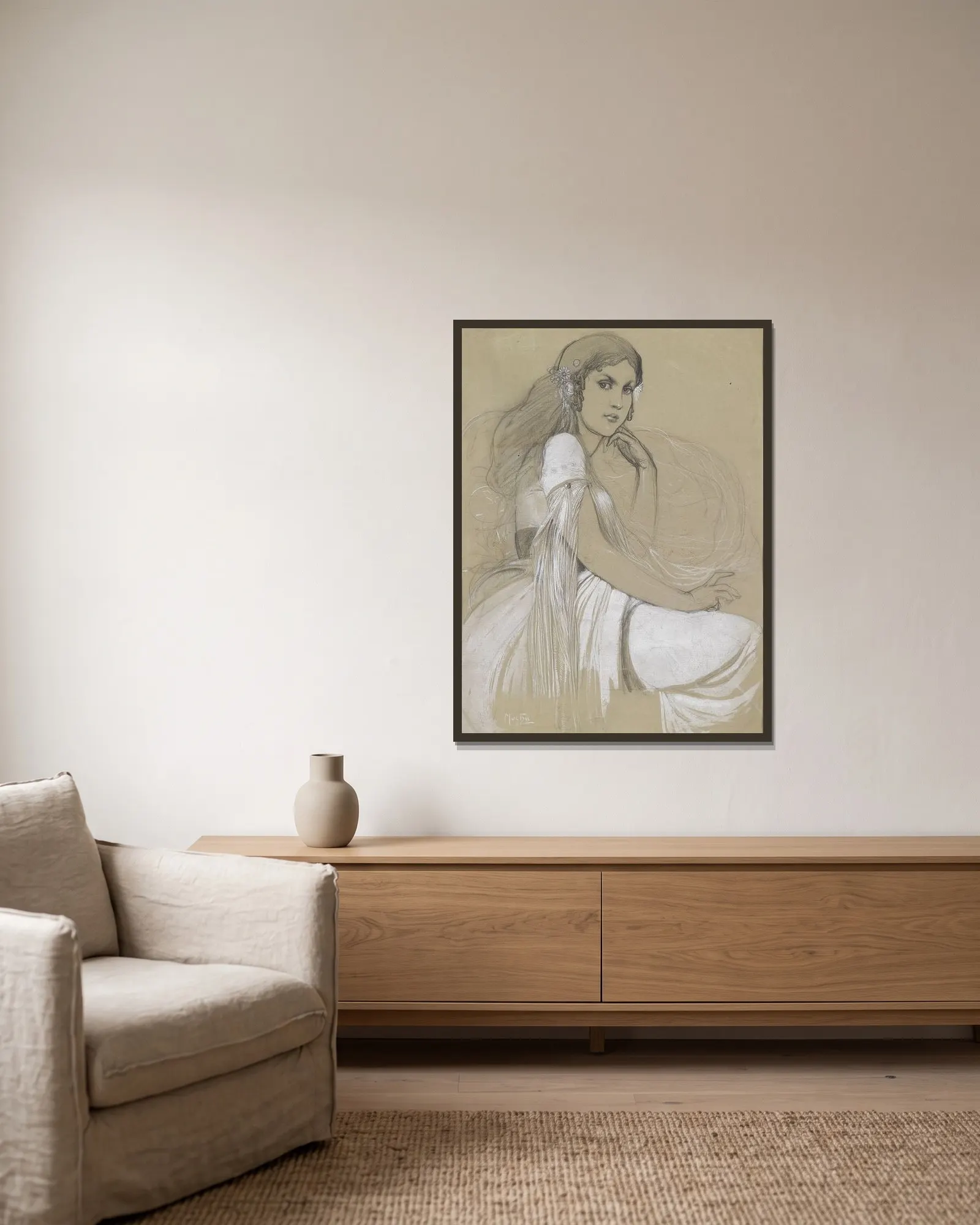 Jaroslava Muchová av Alphonse Mucha inramad på en vägg