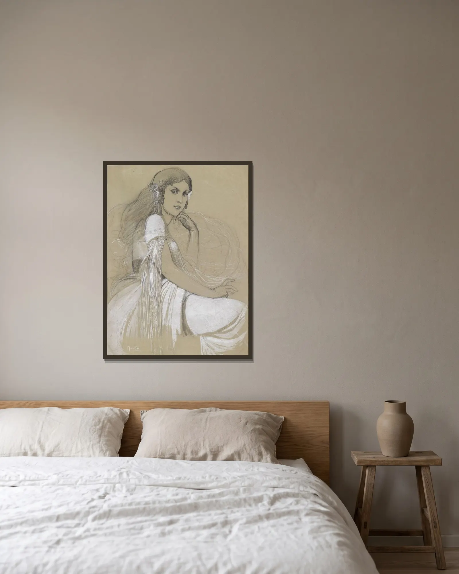 Jaroslava Muchová av Alphonse Mucha inramad på en vägg