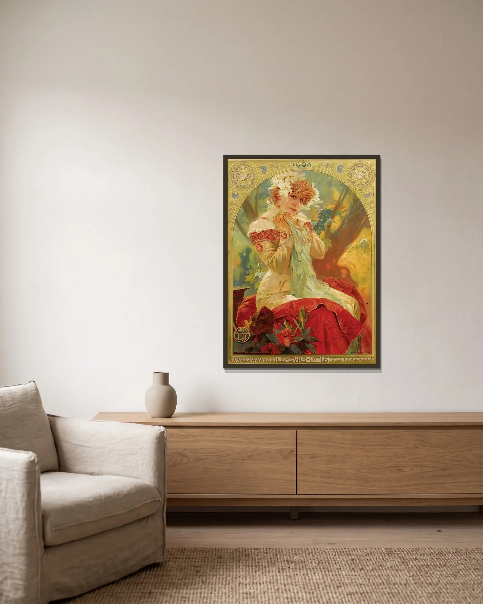 Lefevre-Utile Sarah Bernhardt av Alphonse Mucha inramad på en vägg