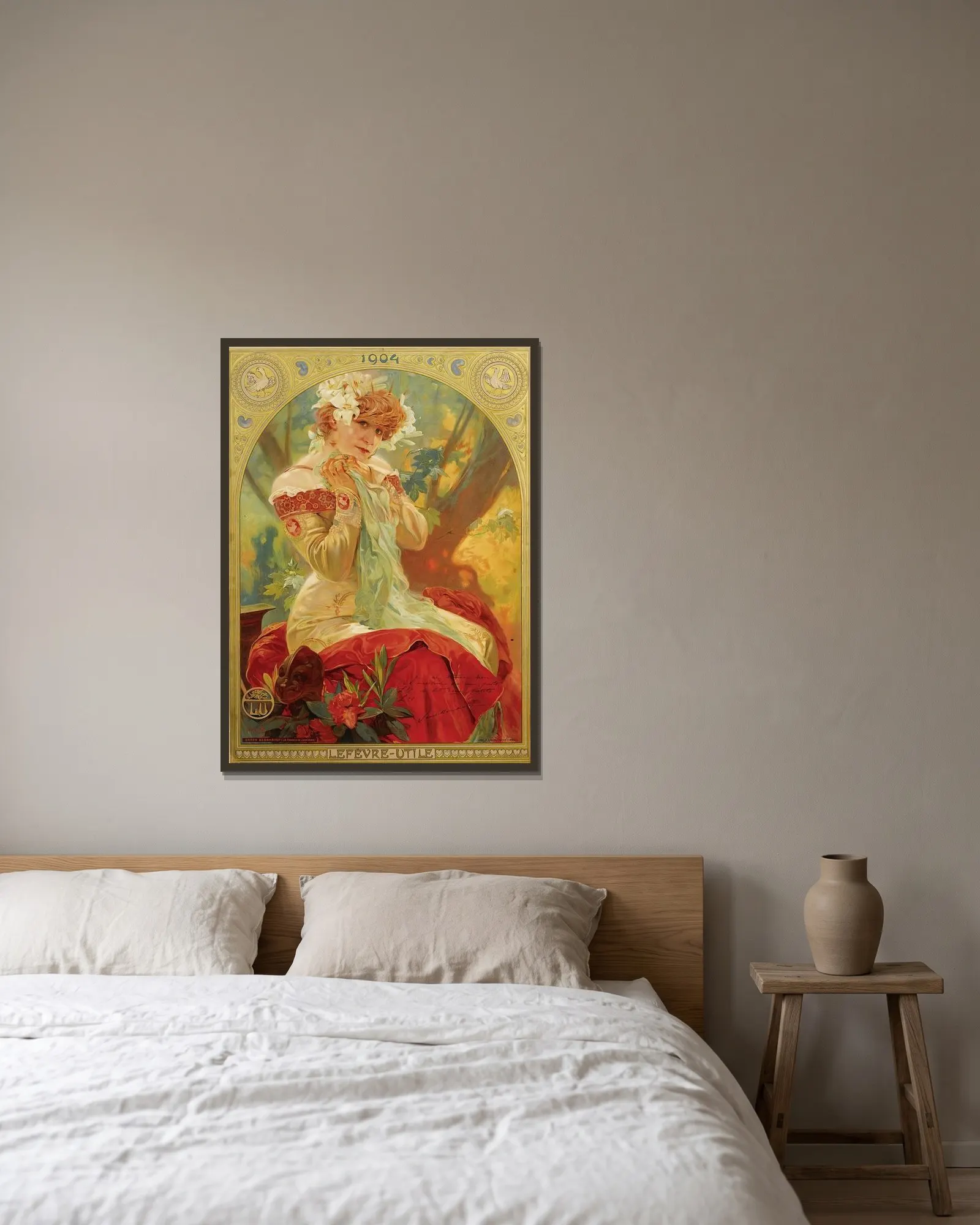 Lefevre-Utile Sarah Bernhardt av Alphonse Mucha inramad på en vägg