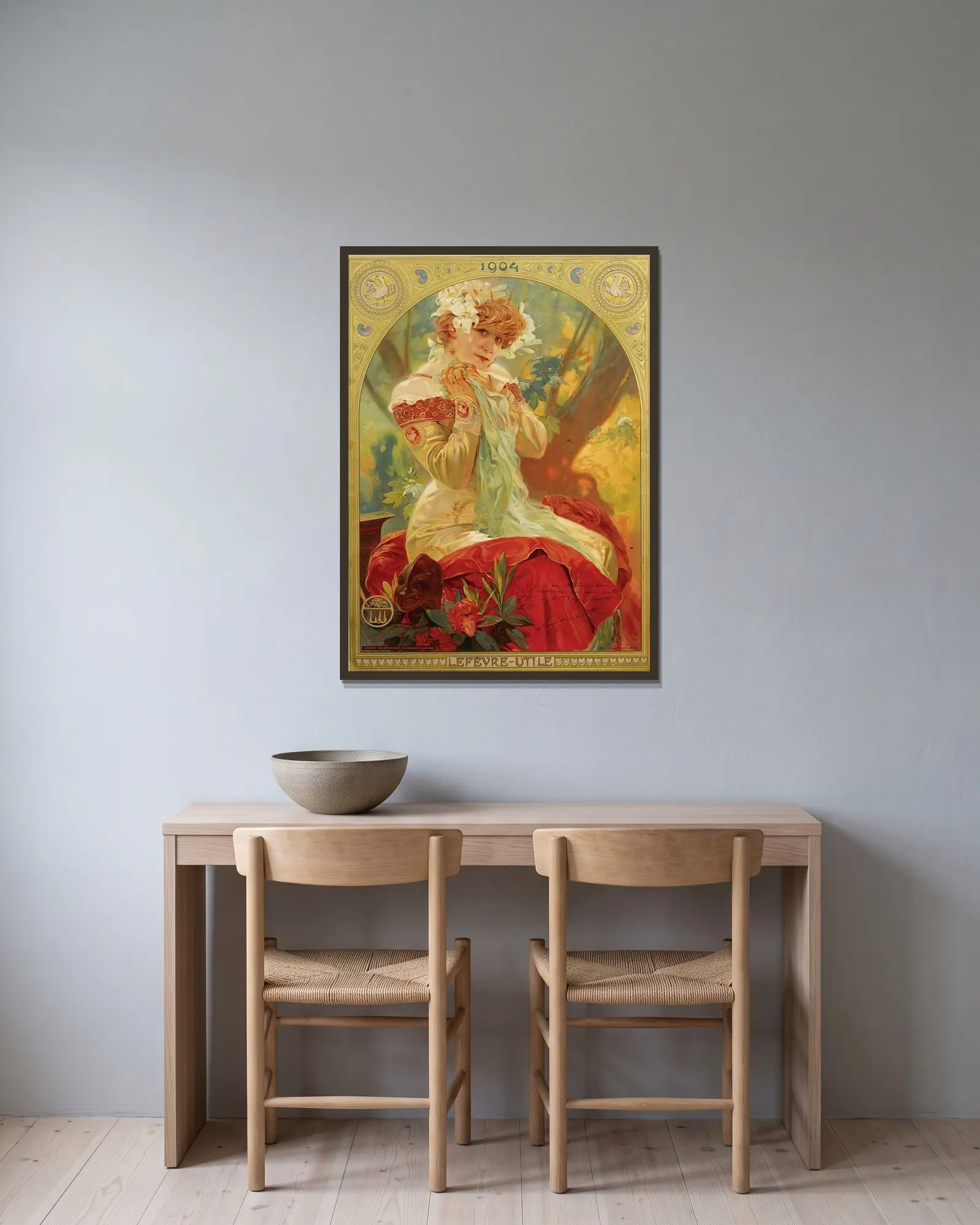 Lefevre-Utile Sarah Bernhardt av Alphonse Mucha inramad på en vägg