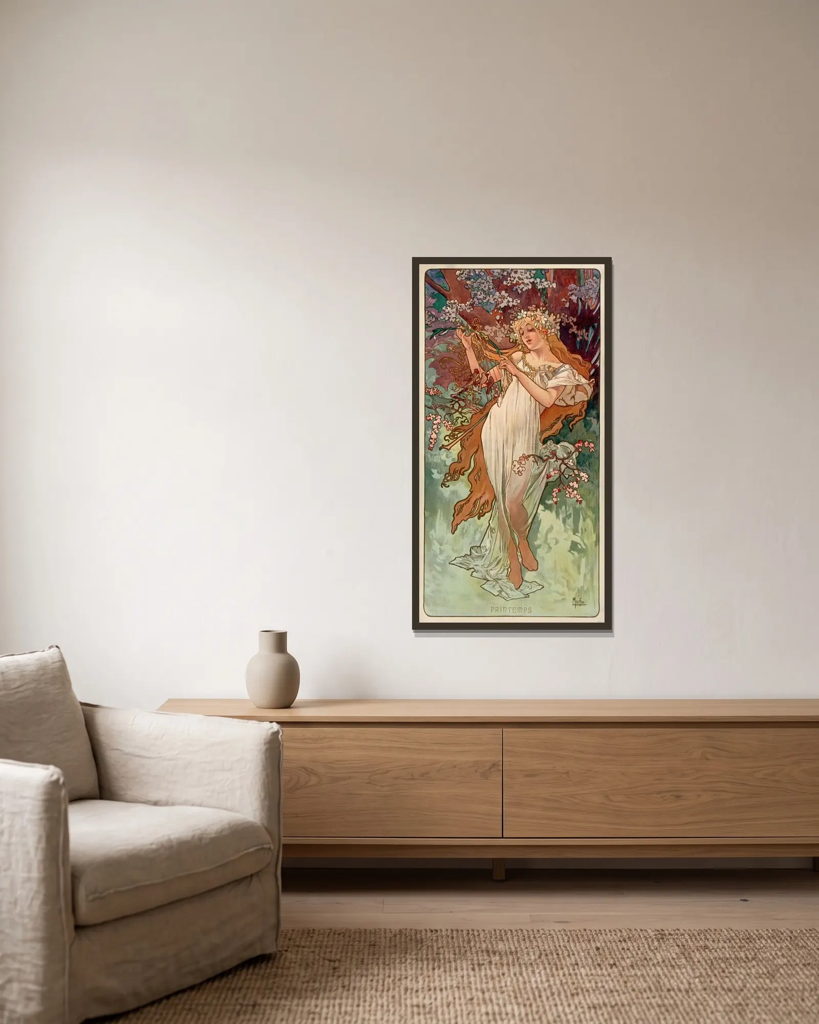 Les Saisons – printemps av Alphonse Mucha inramad på en vägg