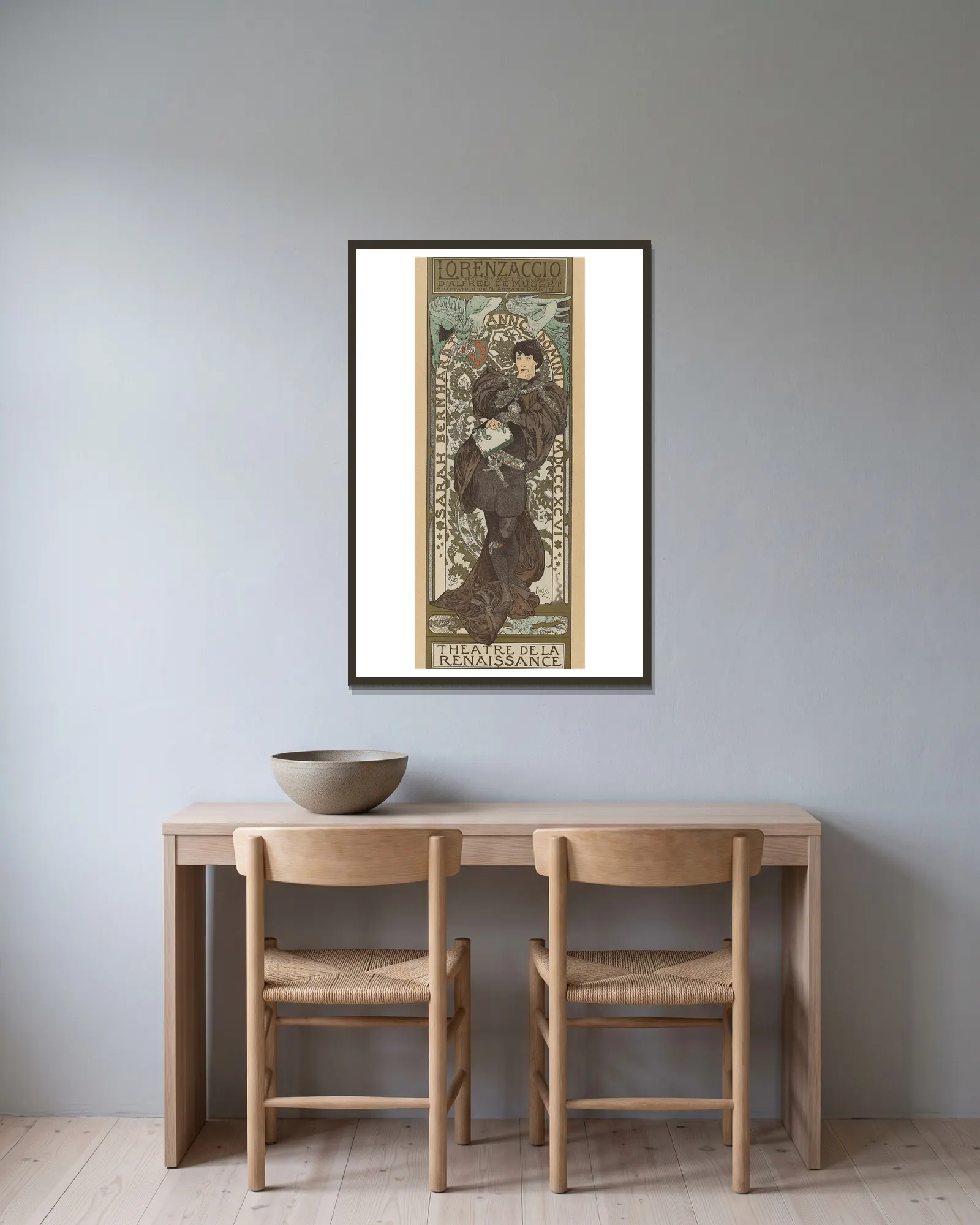 Lorenzaccio av Alphonse Mucha inramad på en vägg