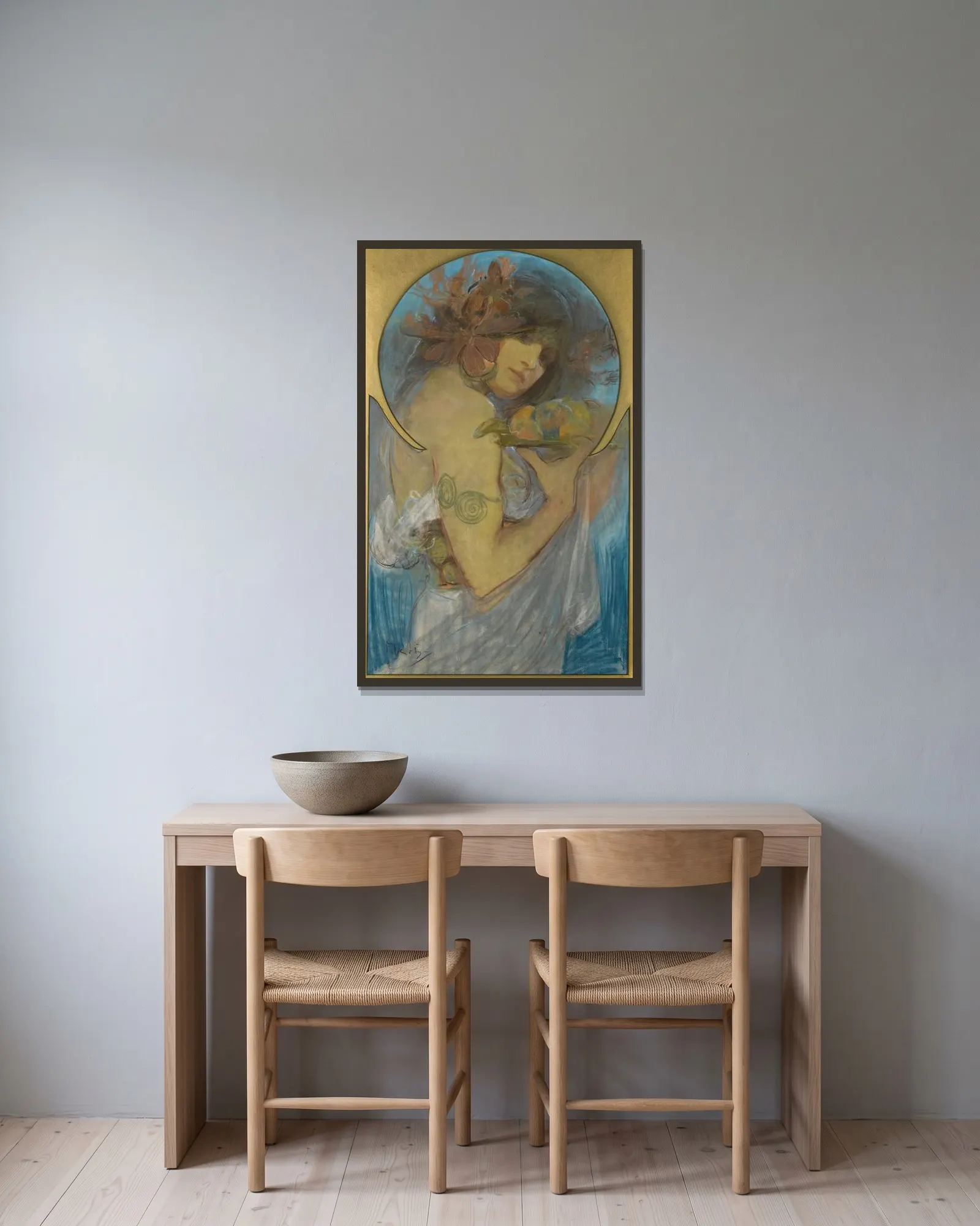 Study For a Poster; Fruit av Alphonse Mucha inramad på en vägg
