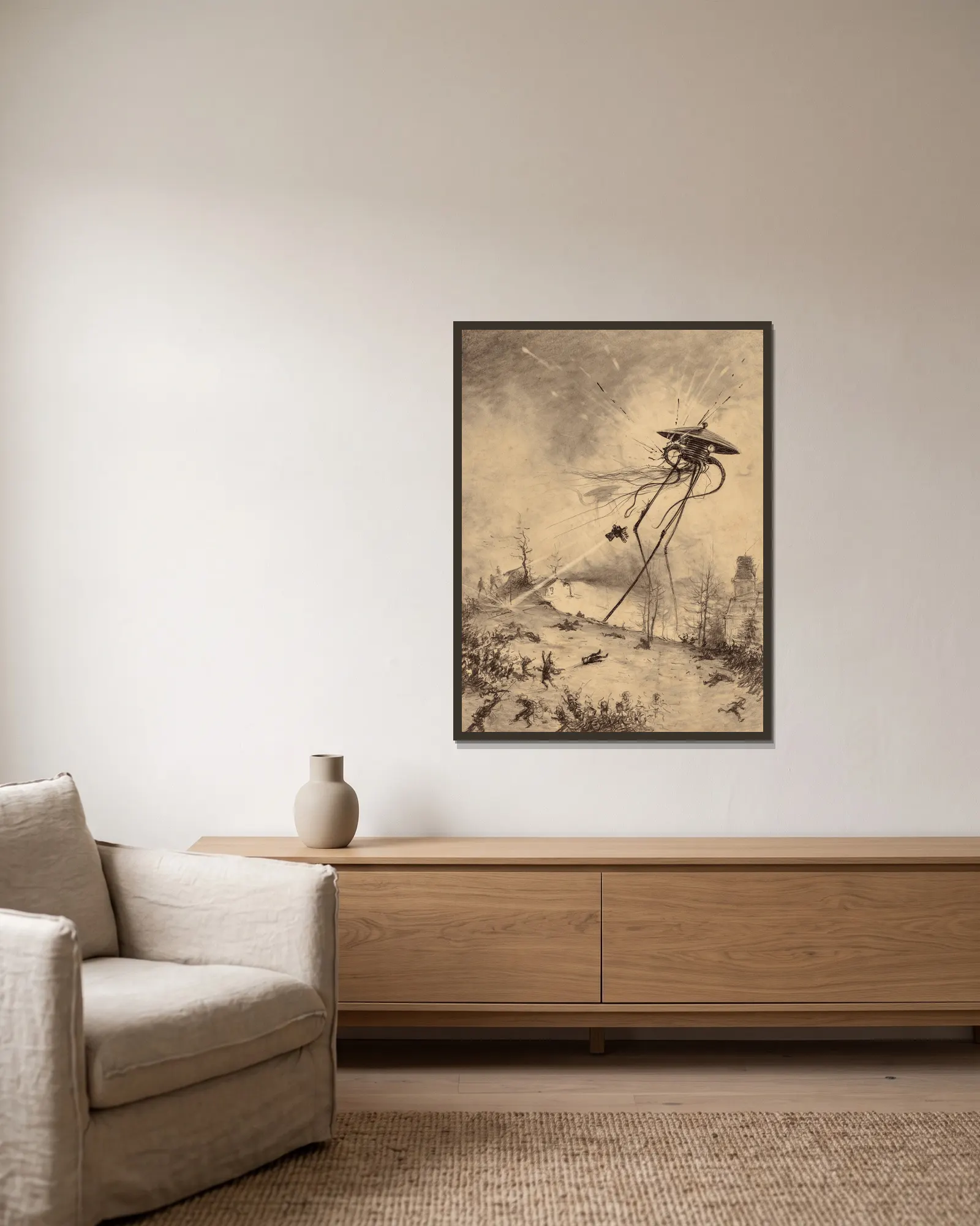 Martian Fighting Machine Hit by Shell av Henrique Alvim Corrêa inramad på en vägg