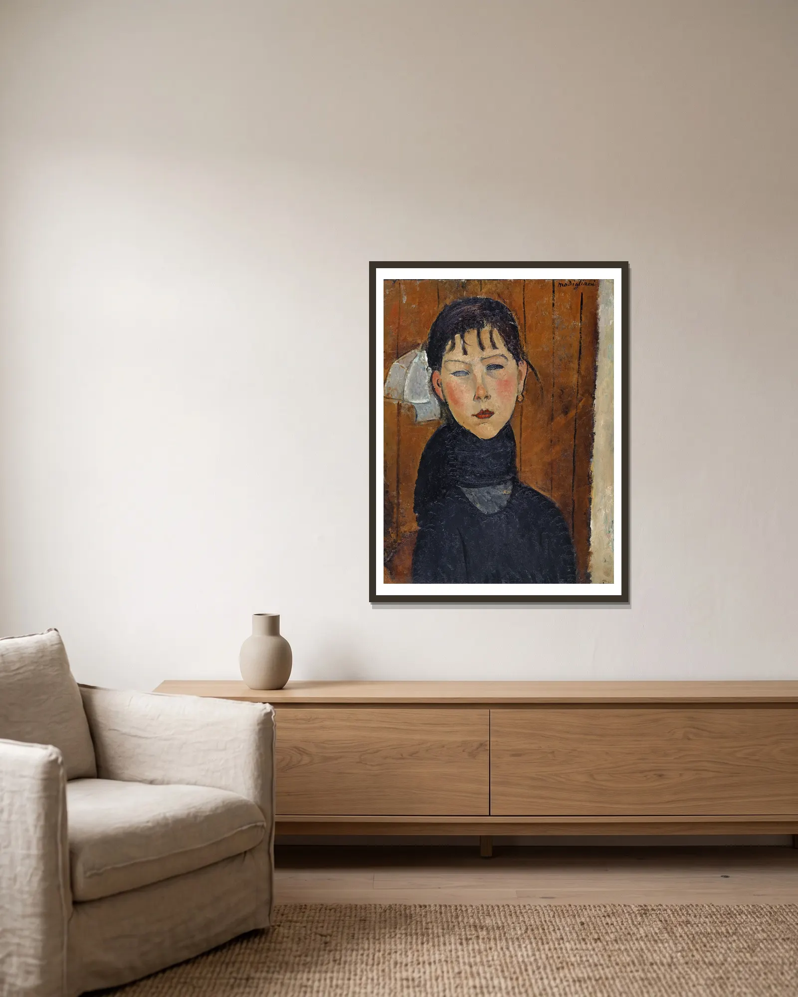 Marie (Marie, Daughter of the People) av Amedeo Modigliani inramad på en vägg