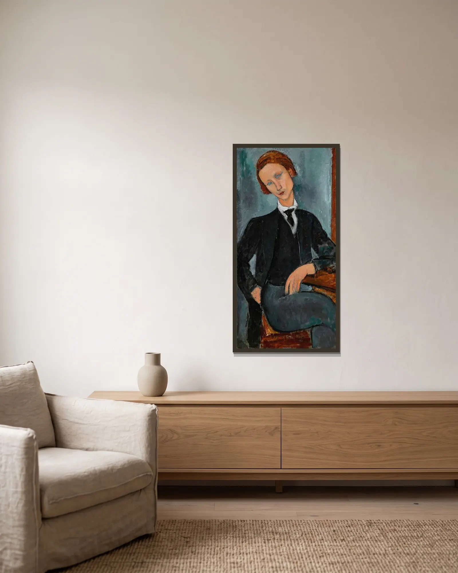 Portrait de Baranowski av Amedeo Modigliani inramad på en vägg