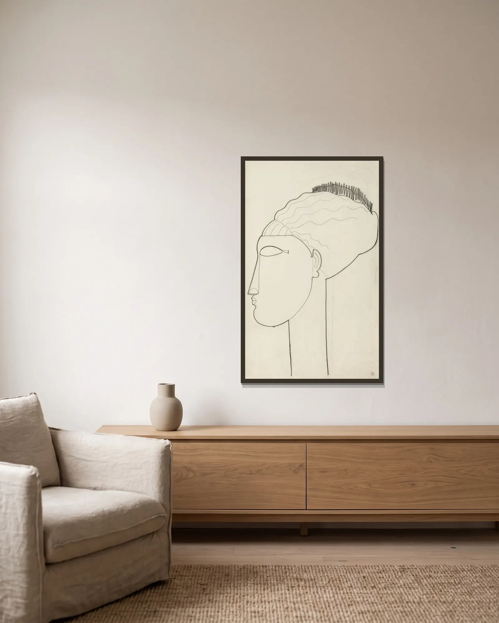 Tête profil gauche av Amedeo Modigliani inramad på en vägg
