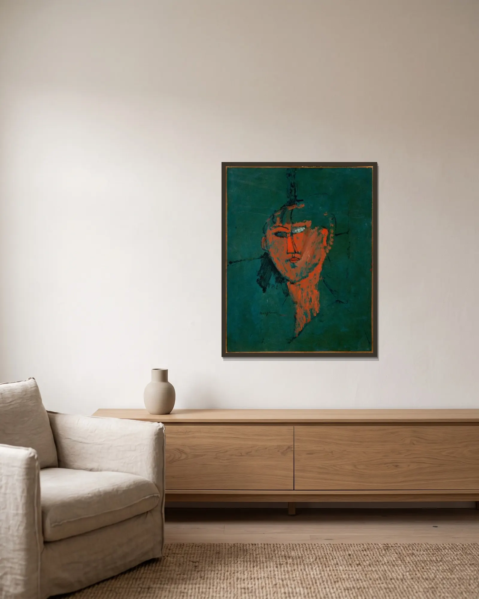 Tête rouge av Amedeo Modigliani inramad på en vägg