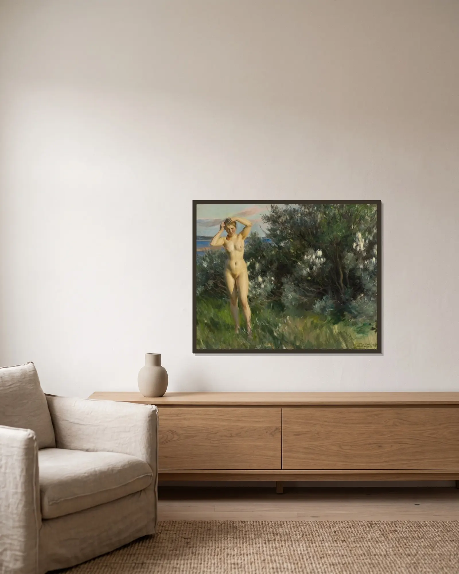 Vid Siljan av Anders Zorn inramad på en vägg
