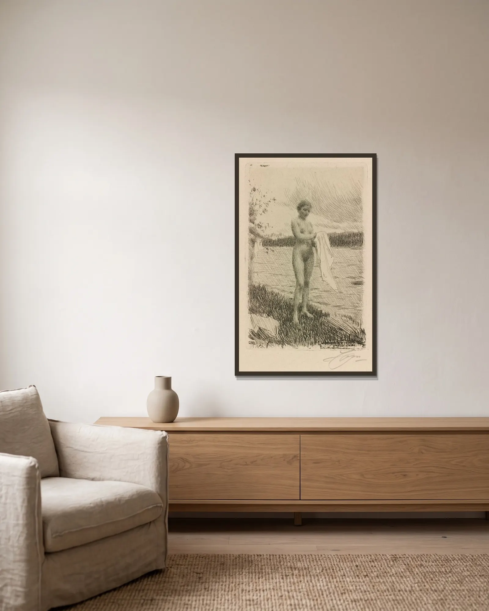 Dal River av Anders Zorn inramad på en vägg