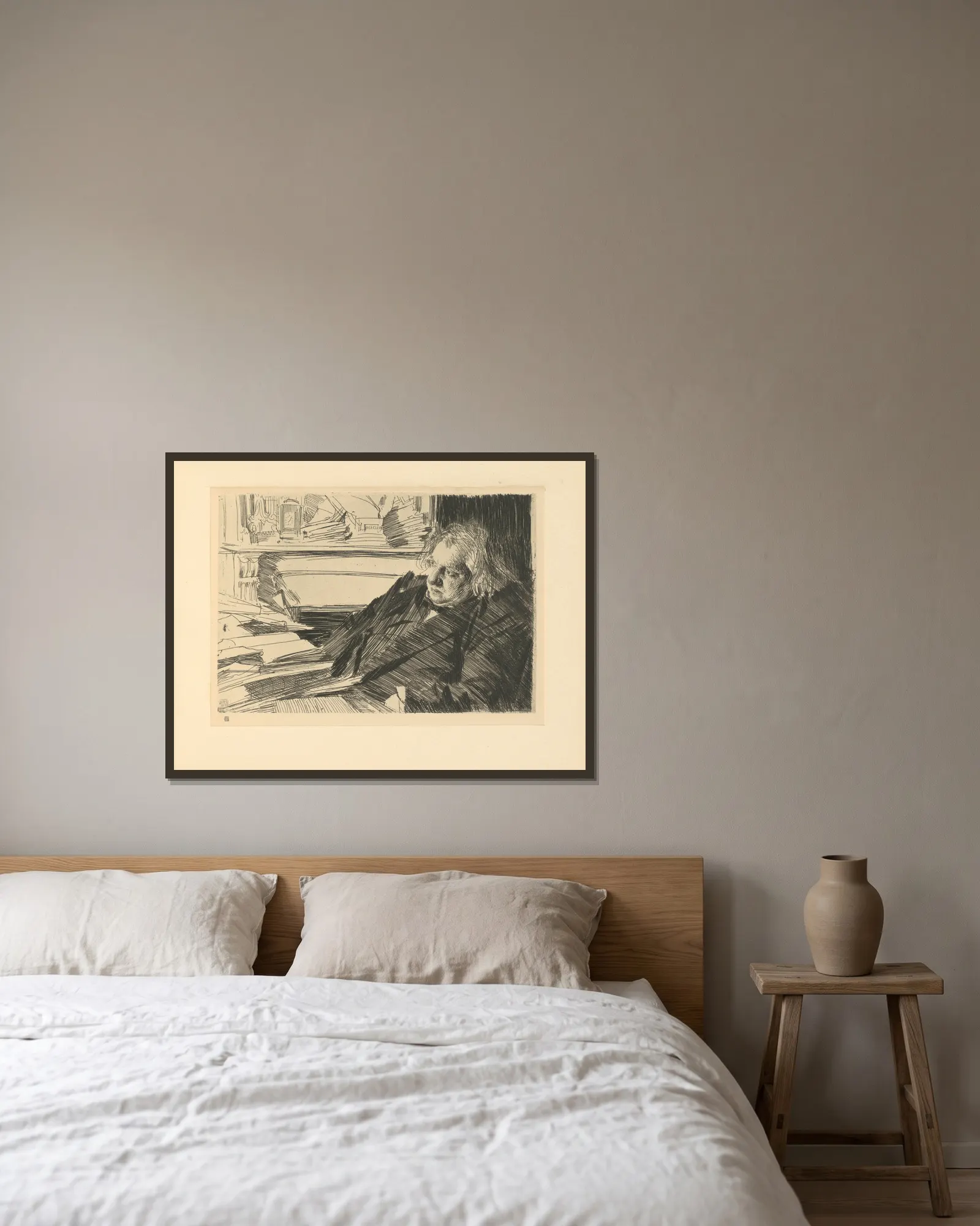Ernest Renan (19th century) av Anders Zorn inramad på en vägg