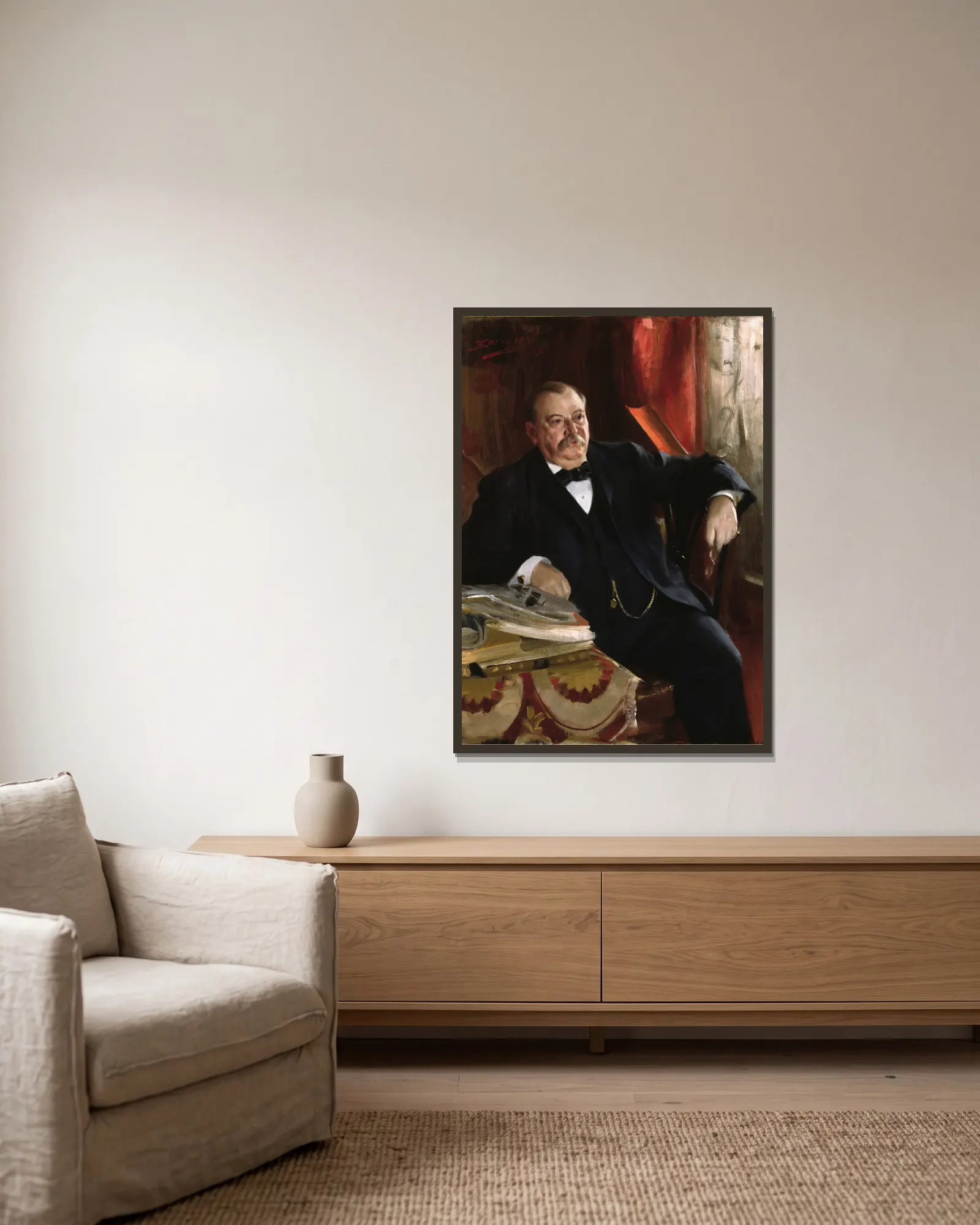 Grover Cleveland av Anders Zorn inramad på en vägg