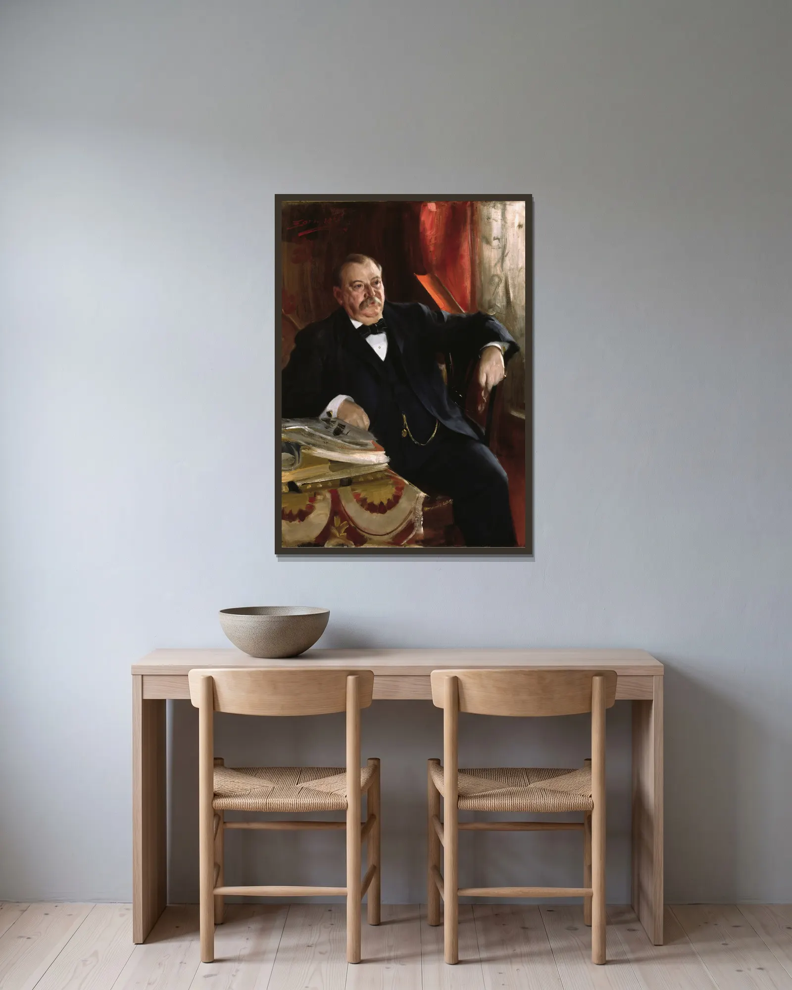 Grover Cleveland av Anders Zorn inramad på en vägg