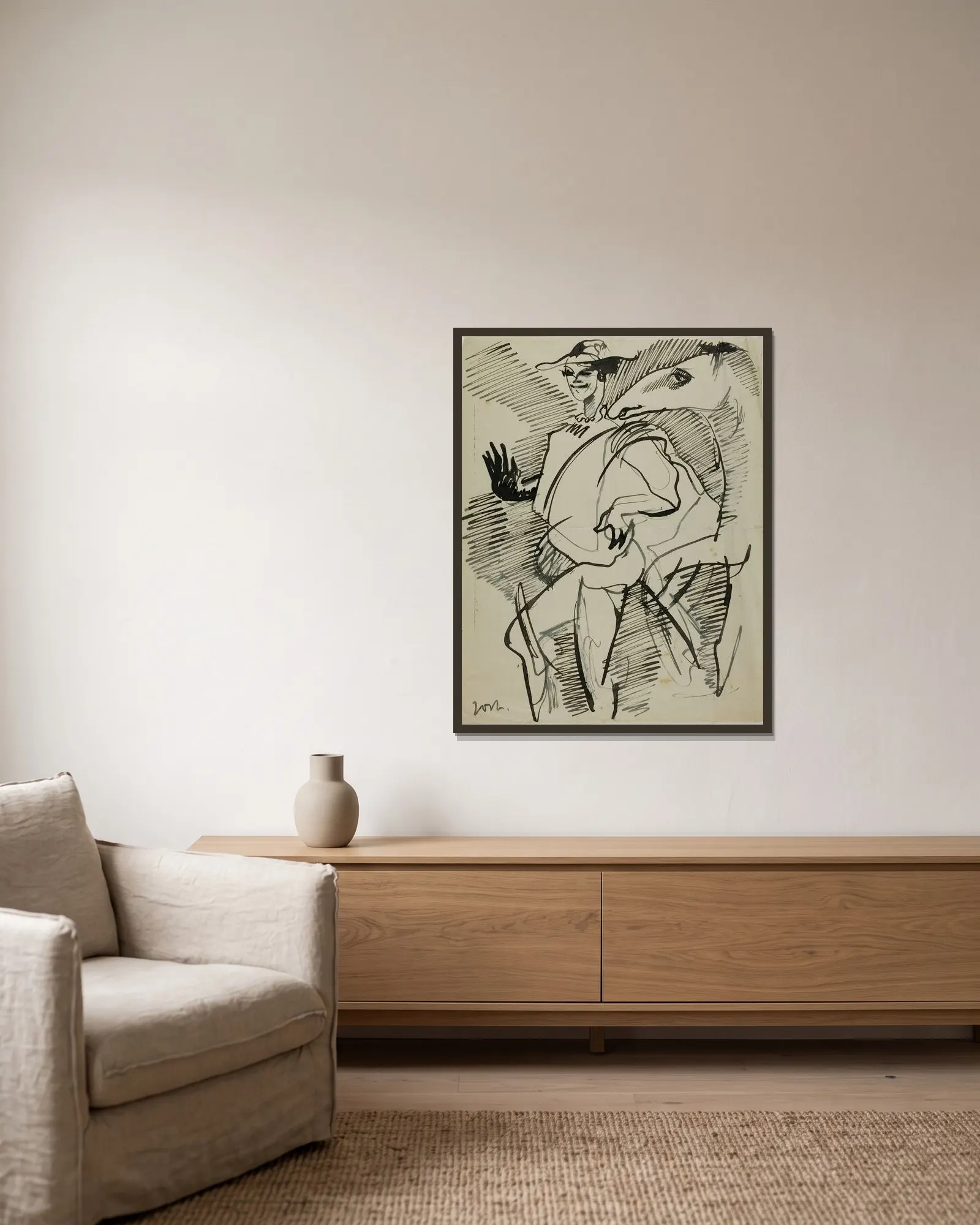 Man med häst av Anders Zorn inramad på en vägg