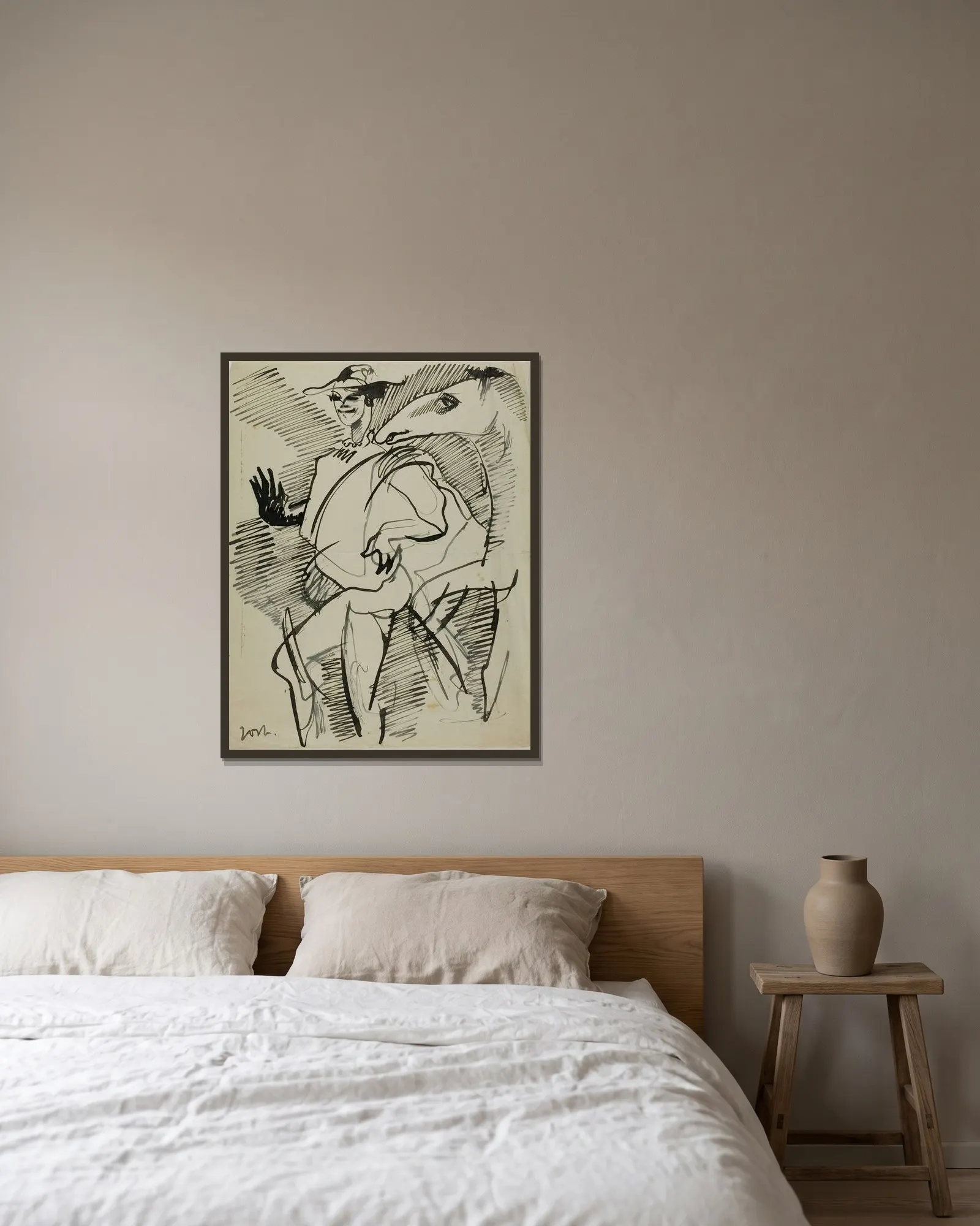 Man med häst av Anders Zorn inramad på en vägg