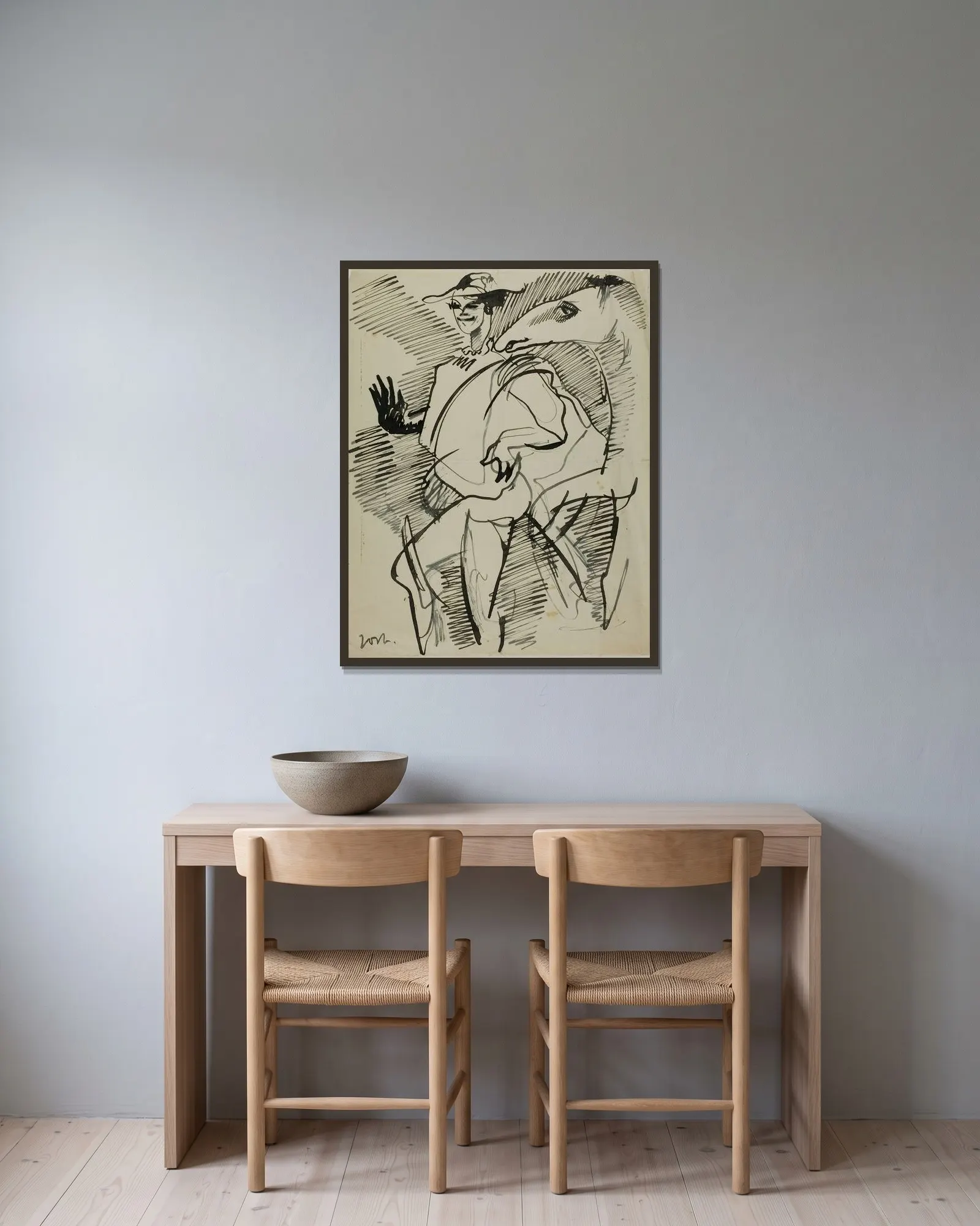 Man med häst av Anders Zorn inramad på en vägg