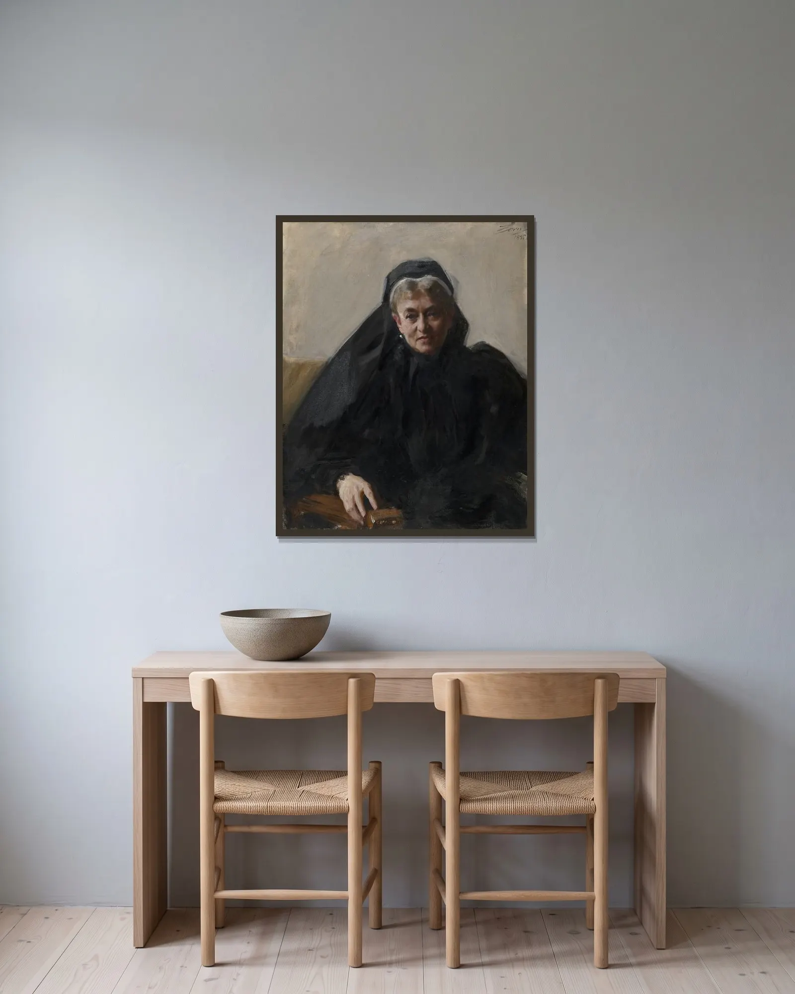 Maria Sheldon Scammon av Anders Zorn inramad på en vägg