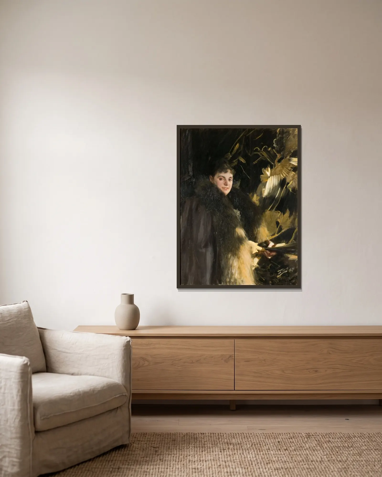 Mrs Veronica Heiss av Anders Zorn inramad på en vägg