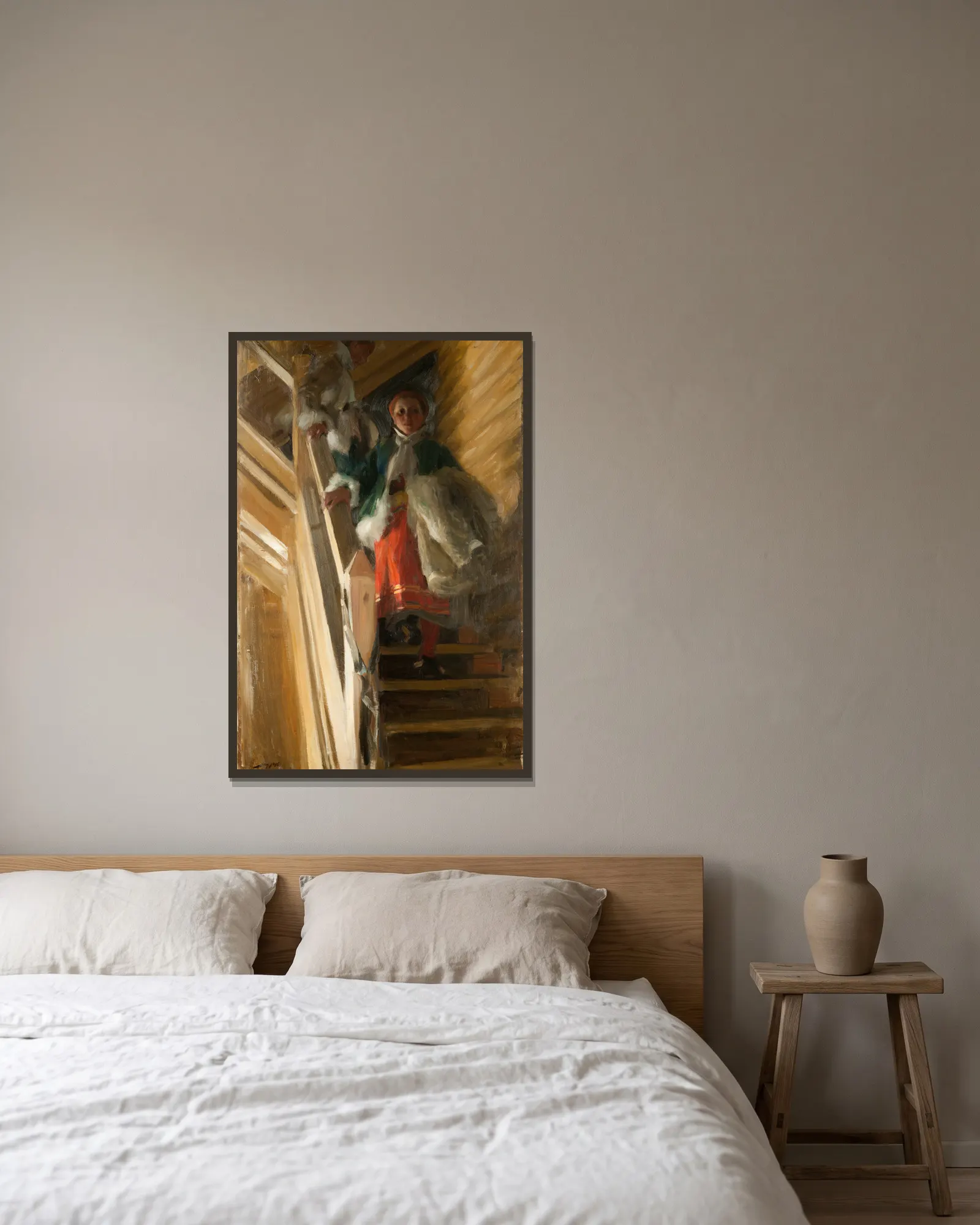 På vindstrappan av Anders Zorn inramad på en vägg