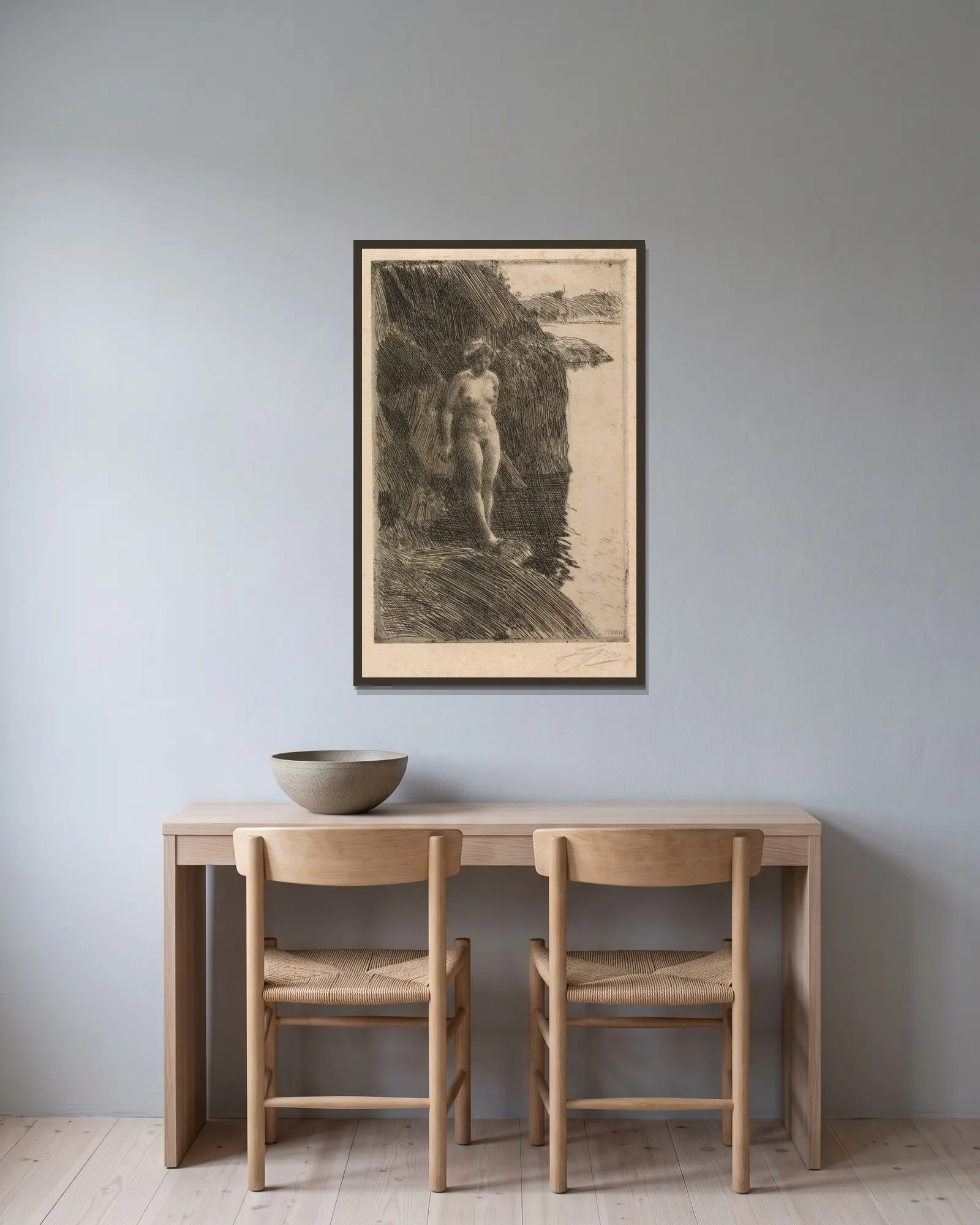 Precipice av Anders Zorn inramad på en vägg