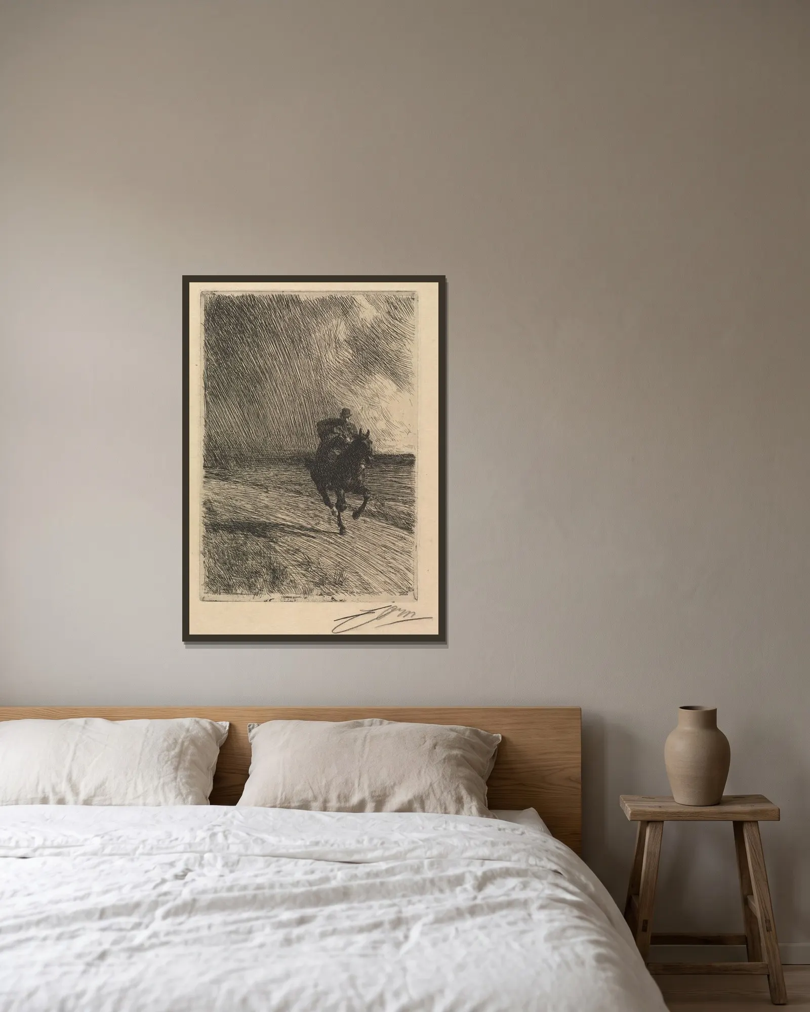 Storm av Anders Zorn inramad på en vägg