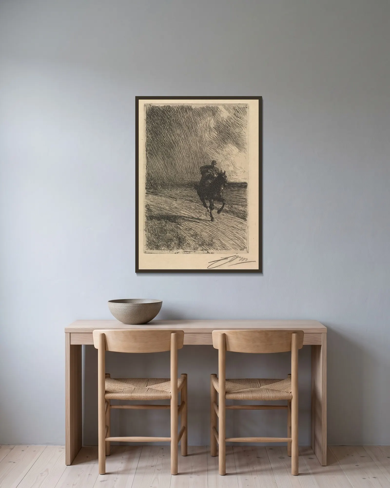 Storm av Anders Zorn inramad på en vägg