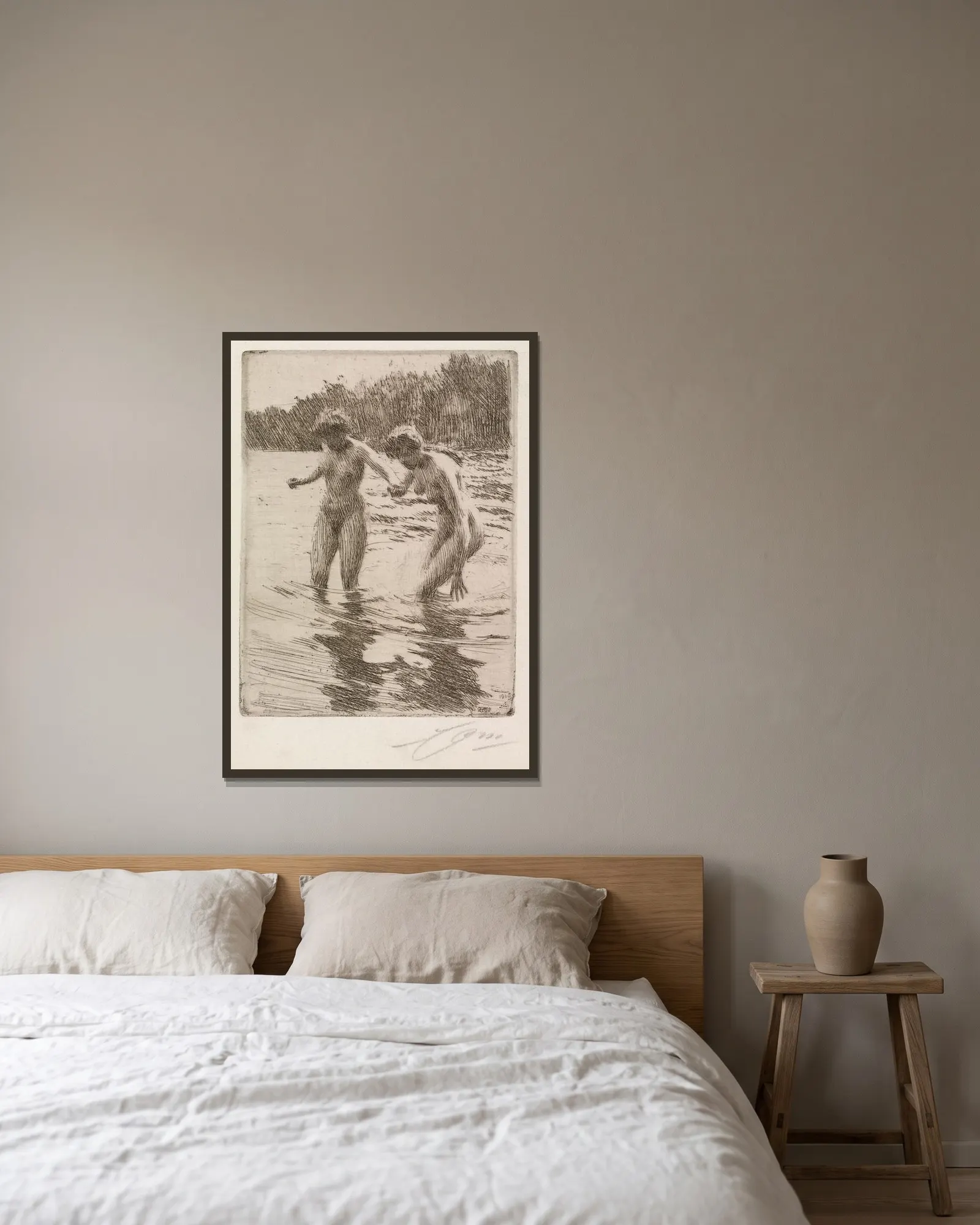 Two Bathers av Anders Zorn inramad på en vägg
