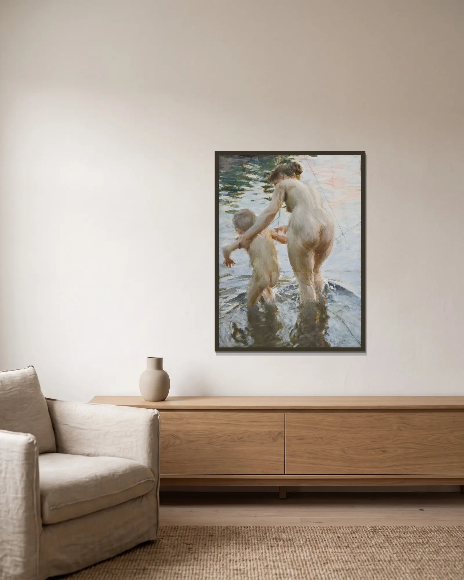 Une première av Anders Zorn inramad på en vägg