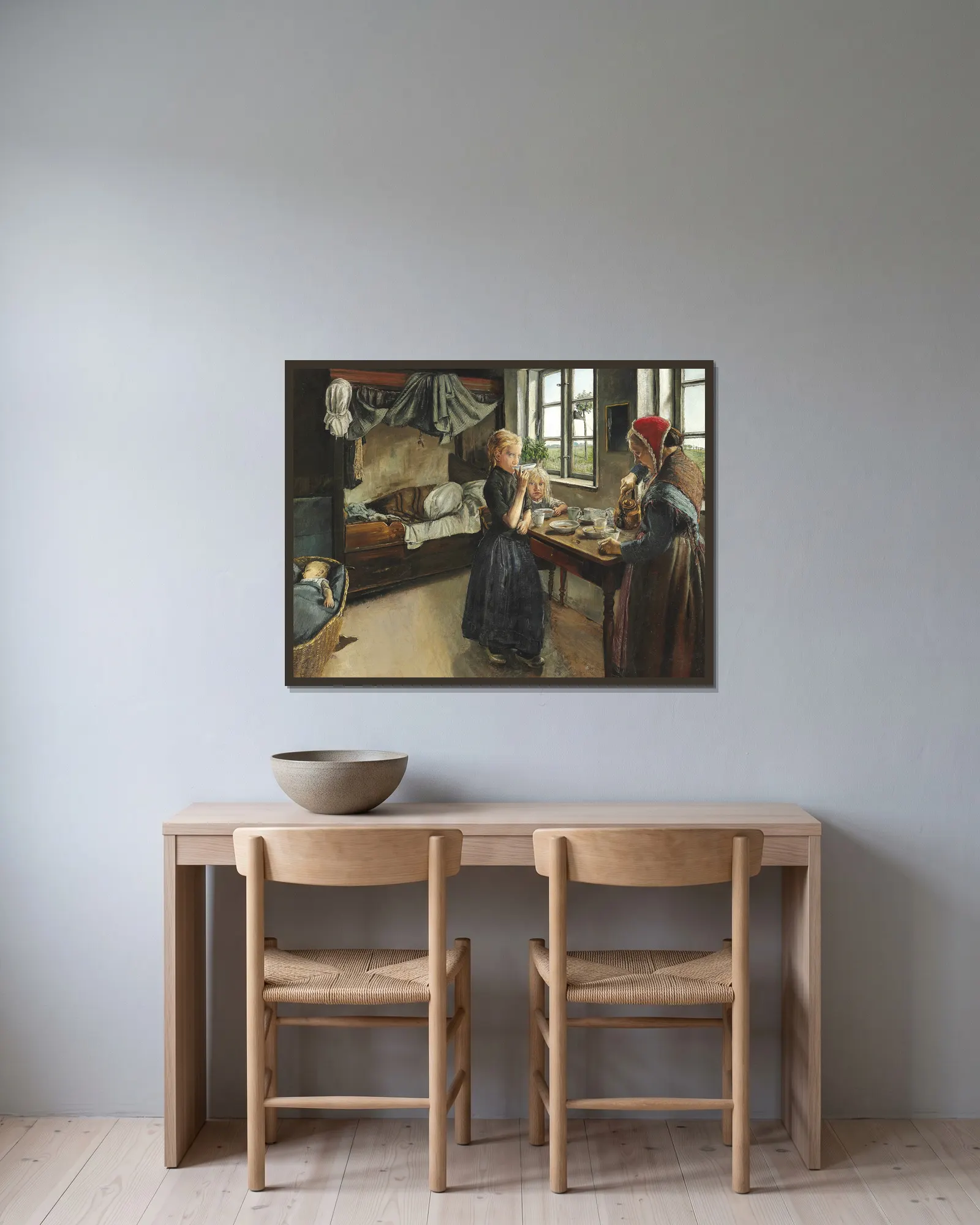 Interiør fra Landsbyen Ring av Laurits Andersen Ring inramad på en vägg