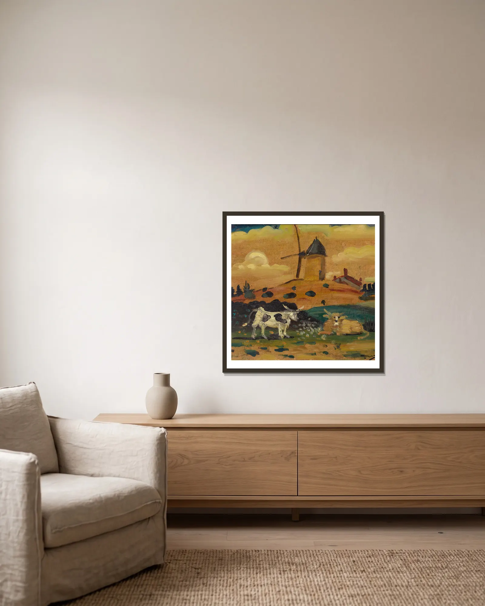 Moulin et deux vaches (Ile-de-France) av André Derain inramad på en vägg