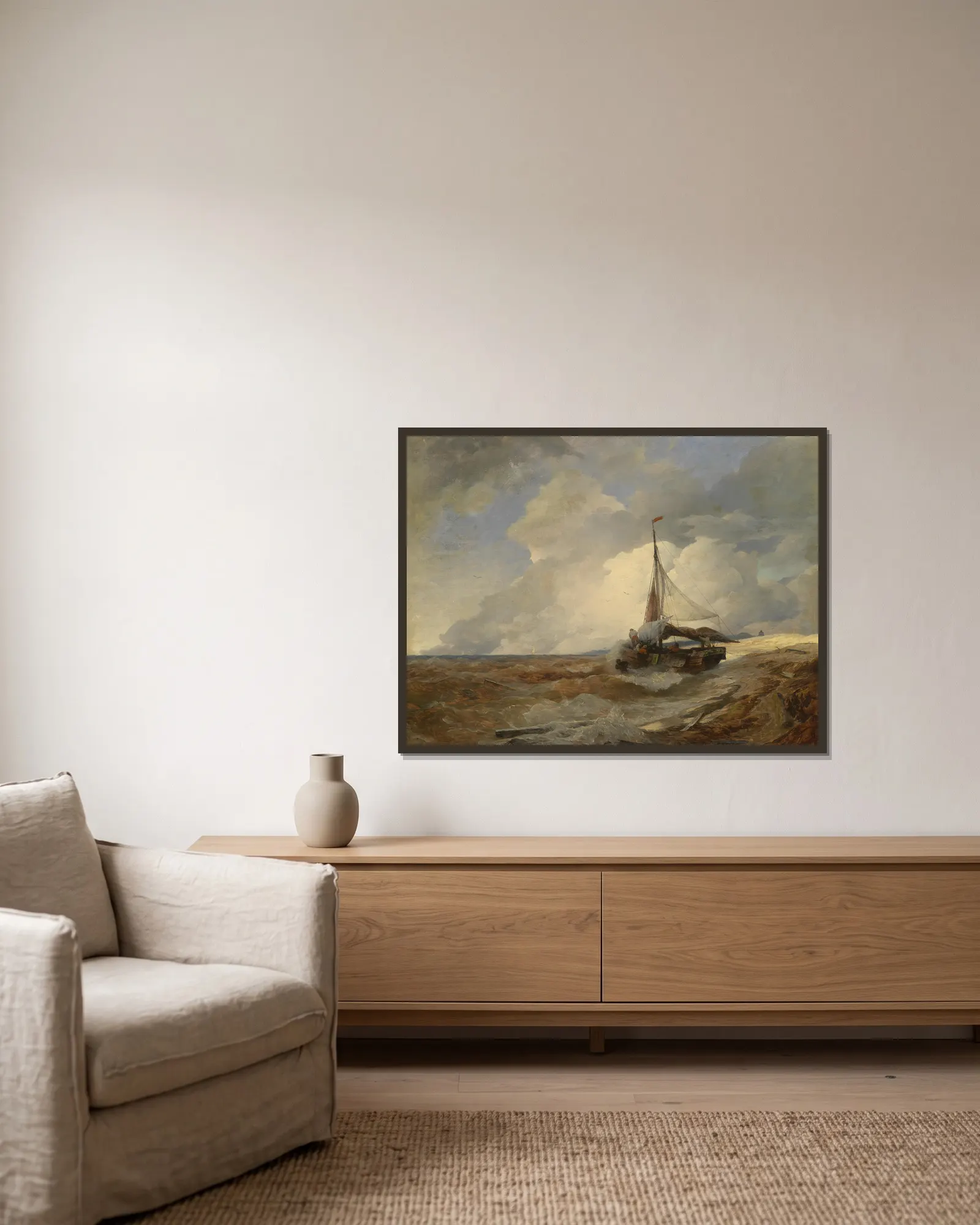 Fischerboot in Seenot av Andreas Achenbach inramad på en vägg