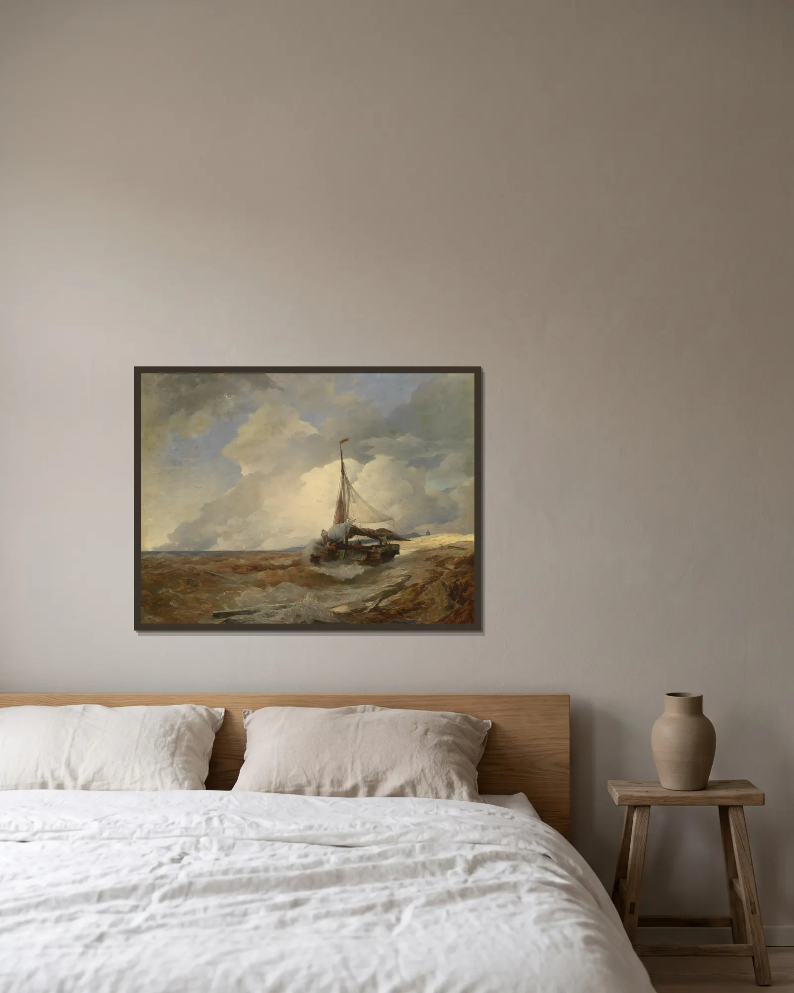 Fischerboot in Seenot av Andreas Achenbach inramad på en vägg
