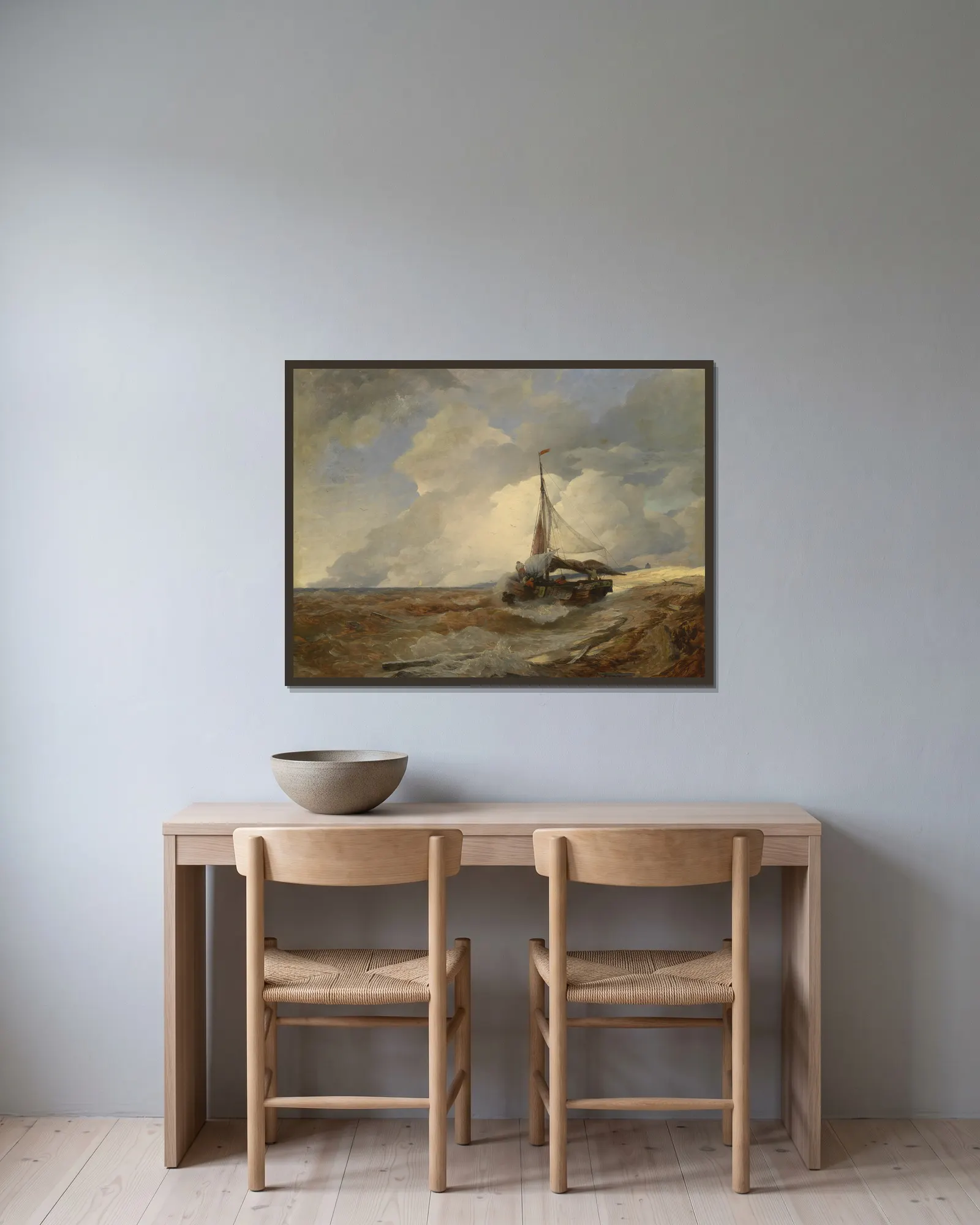 Fischerboot in Seenot av Andreas Achenbach inramad på en vägg