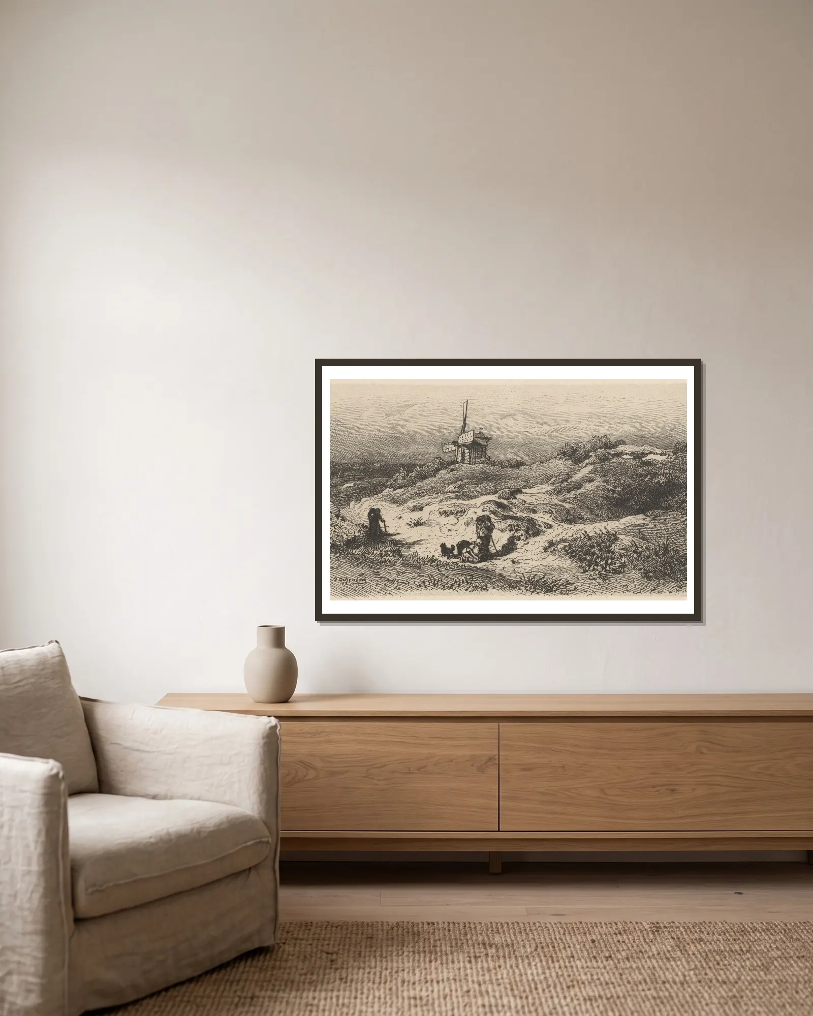 Landscape with a Windmill av Andreas Achenbach inramad på en vägg