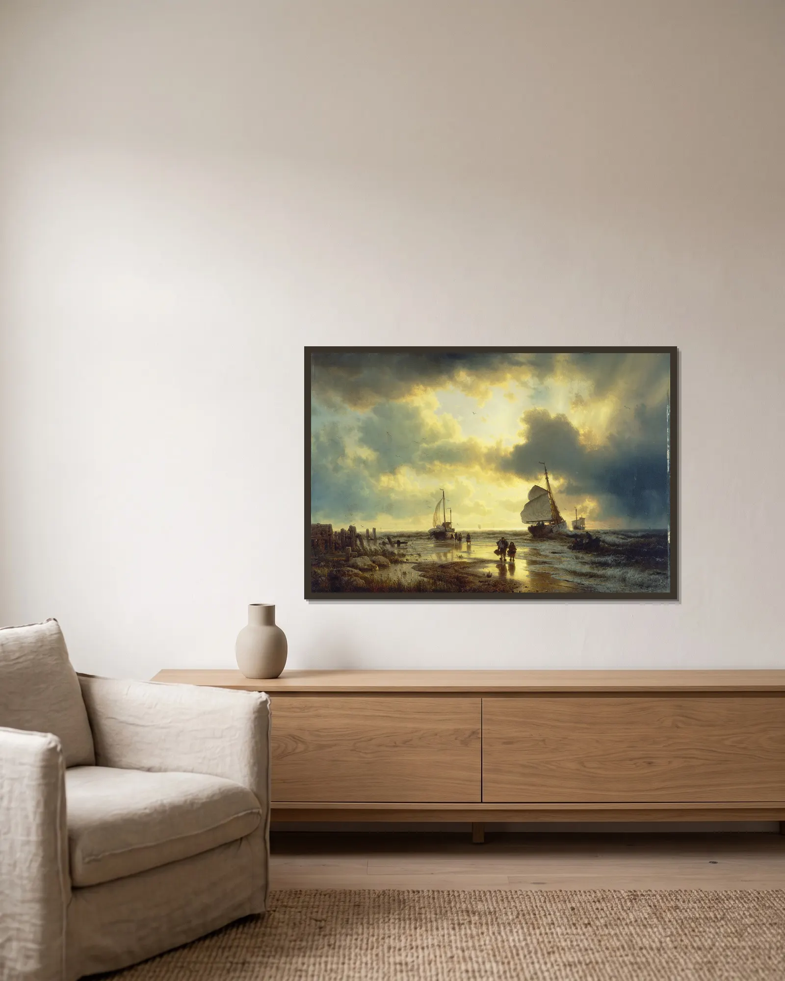 The Ebb-tide av Andreas Achenbach inramad på en vägg