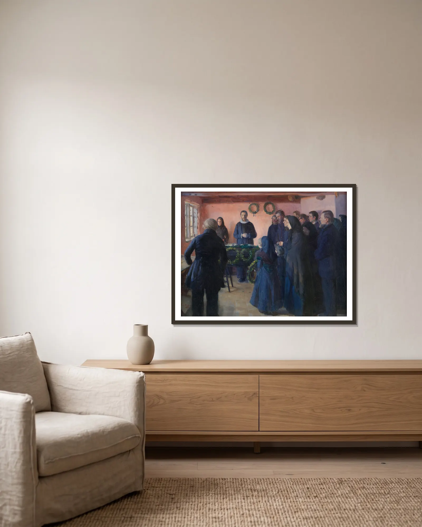A Funeral av Anna Ancher inramad på en vägg