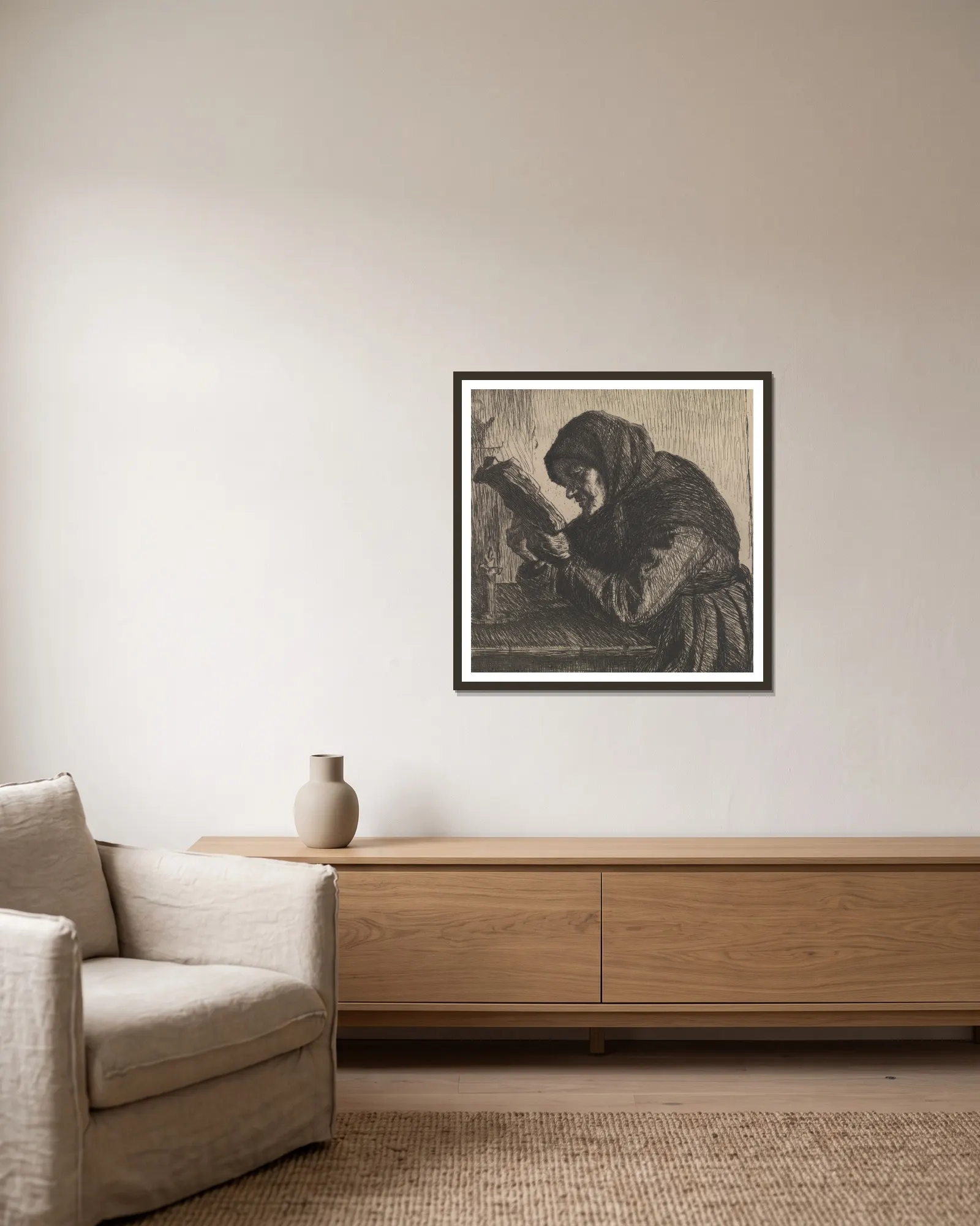 Reading old woman av Anna Ancher inramad på en vägg
