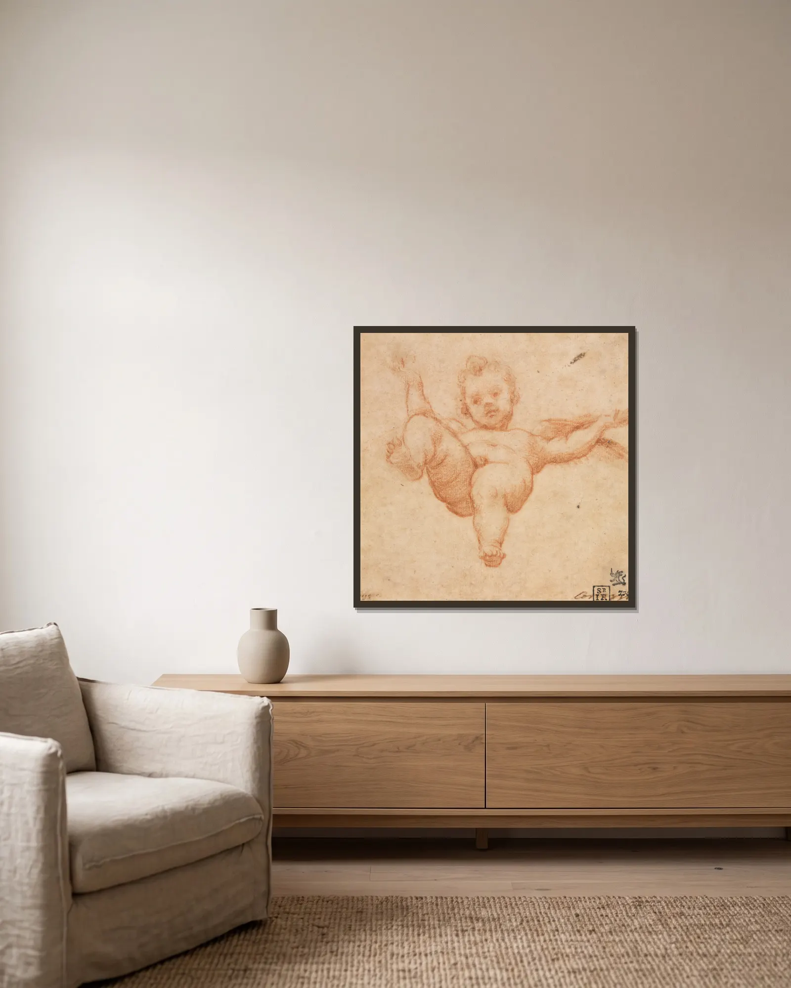 Flying Cupid av Annibale Carracci inramad på en vägg