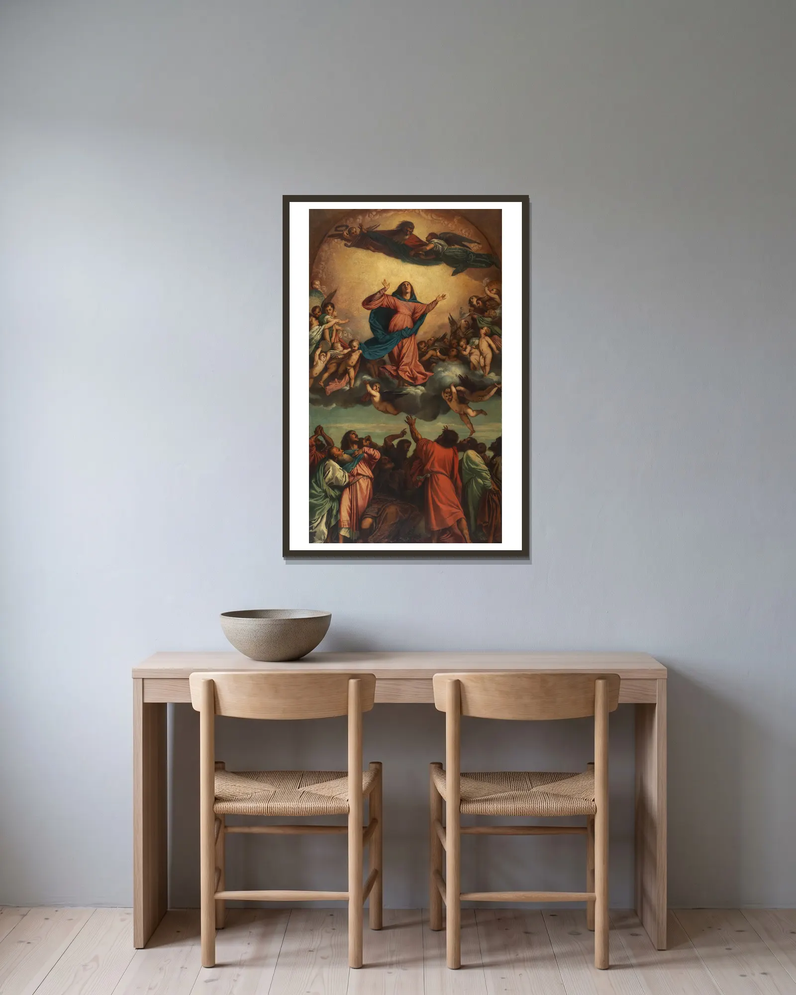Himmelfahrt Mariä av Anselm Feuerbach inramad på en vägg
