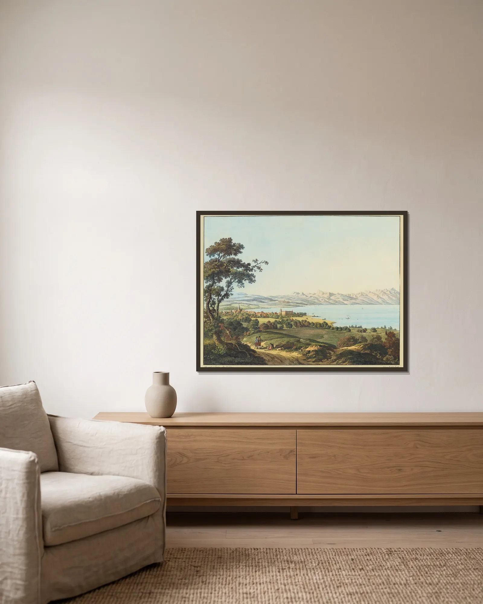Vue de Morges av Jean-Antoine Linck inramad på en vägg