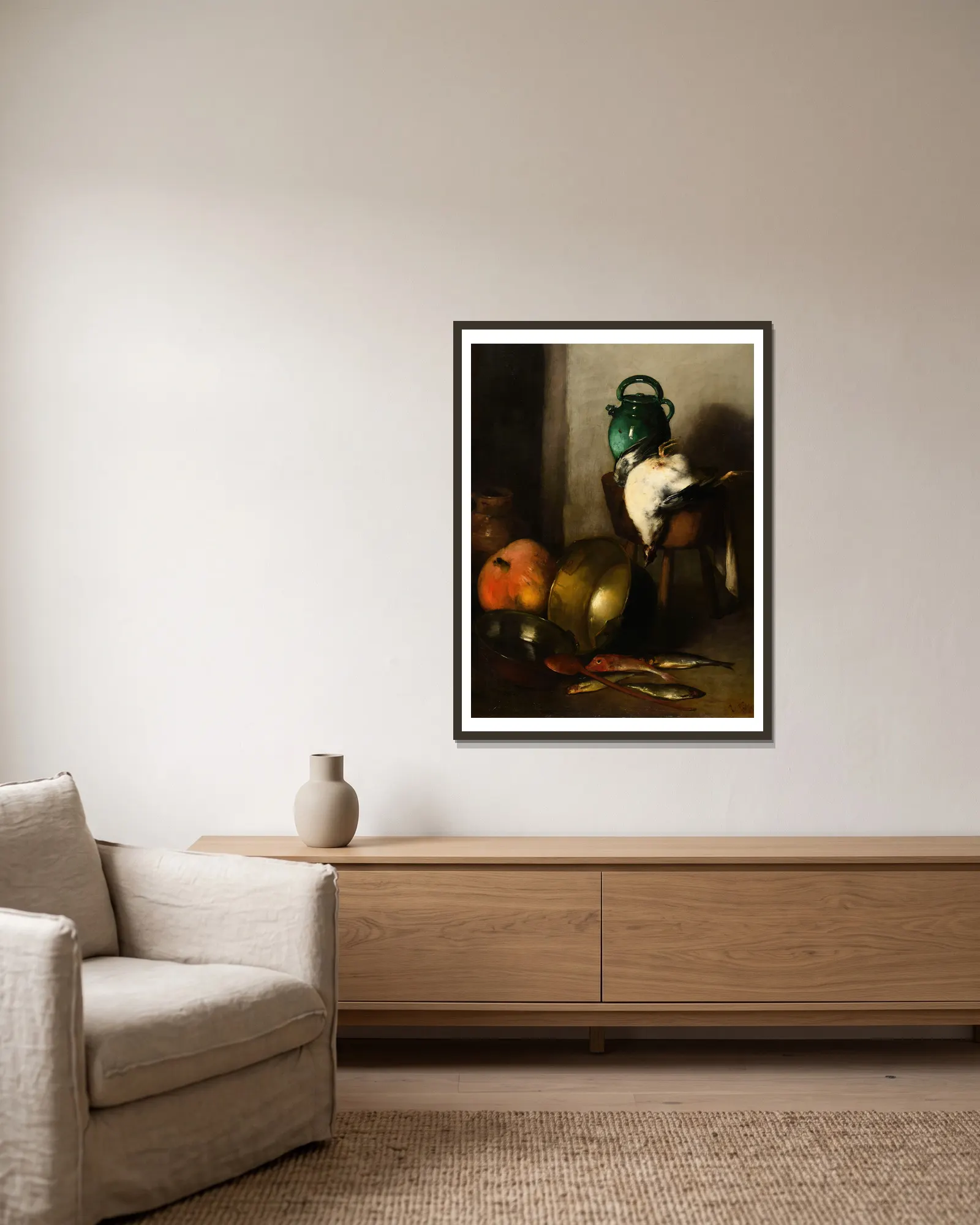 Nature morte av Antoine Vollon inramad på en vägg