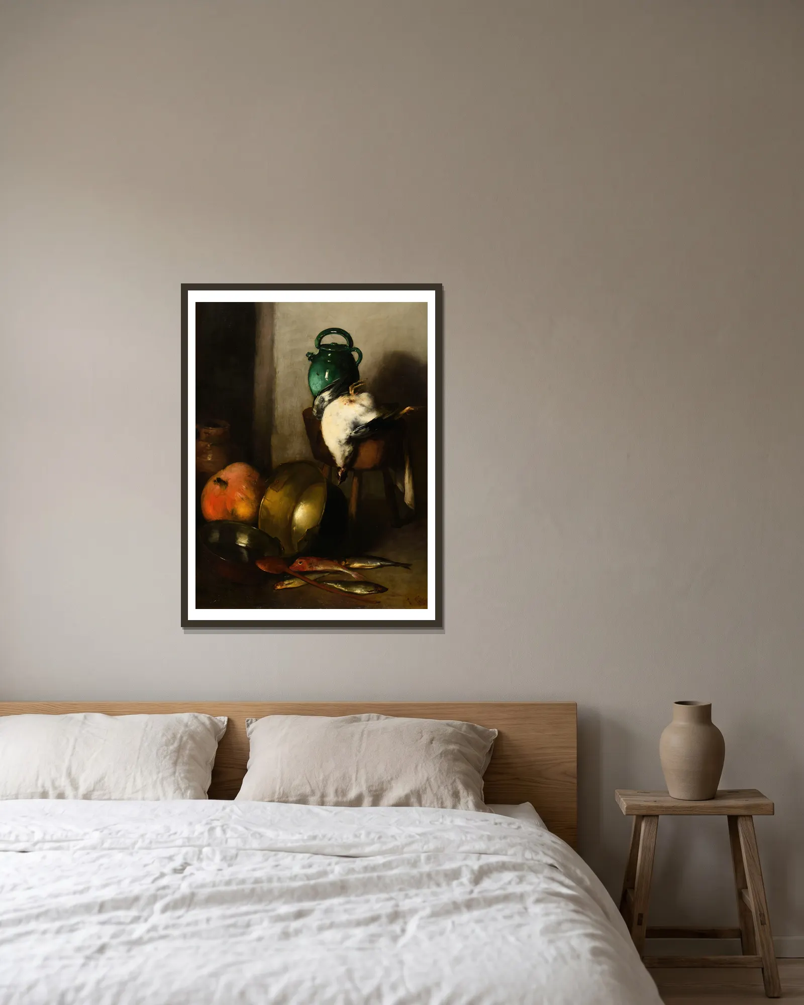 Nature morte av Antoine Vollon inramad på en vägg