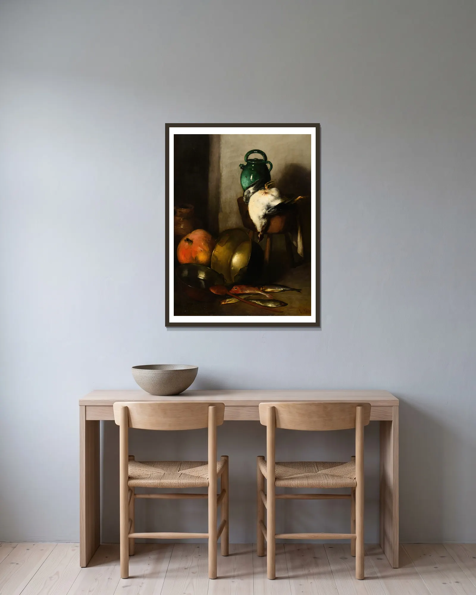 Nature morte av Antoine Vollon inramad på en vägg