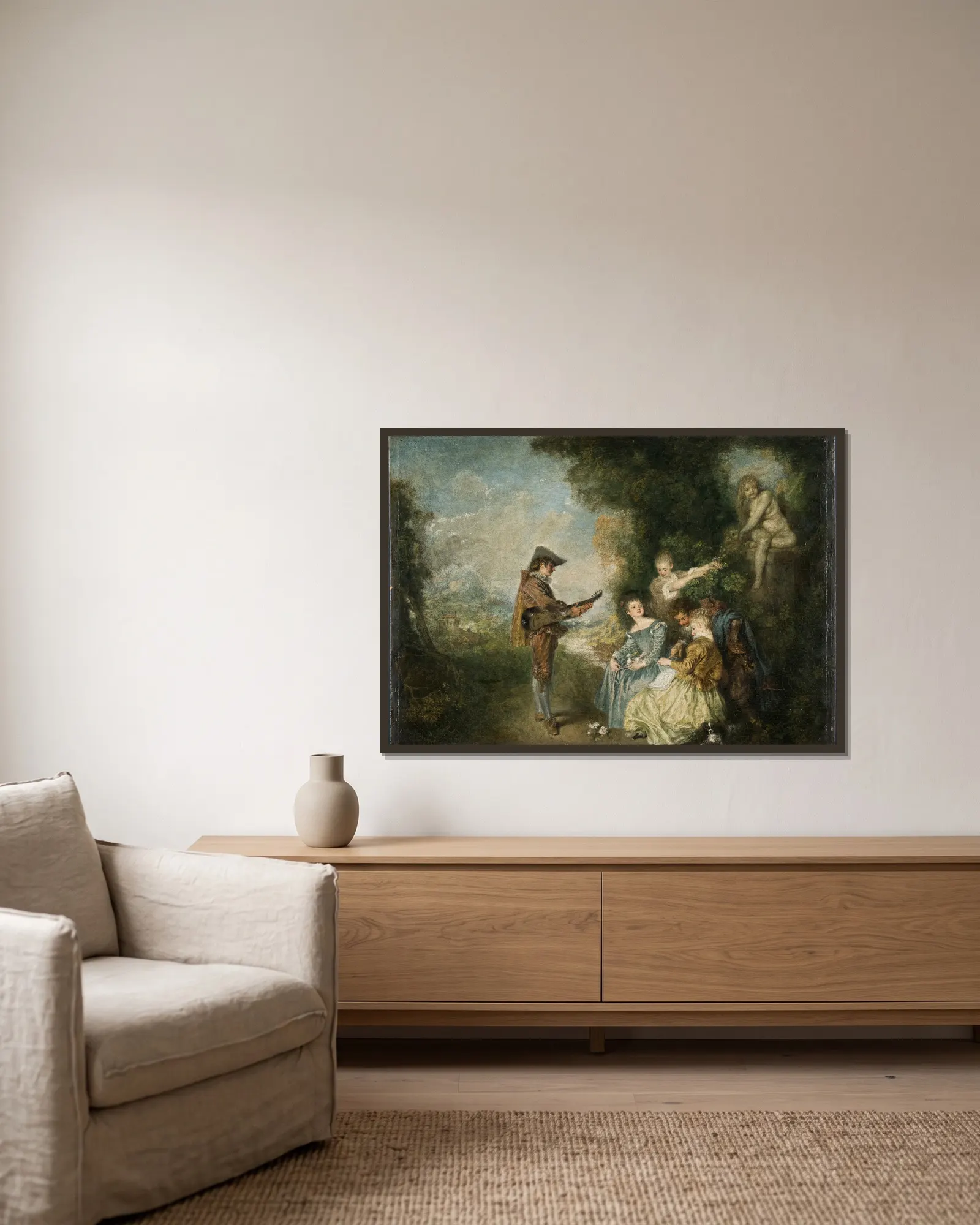 The Love Lesson av Jean-Antoine Watteau inramad på en vägg