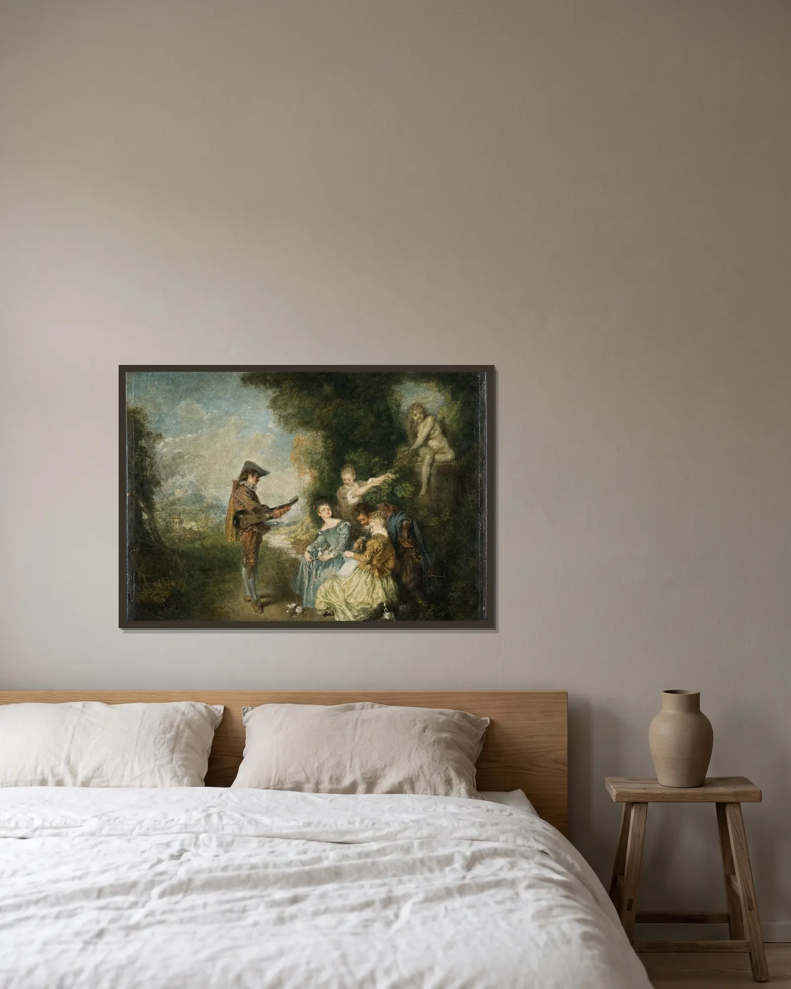 The Love Lesson av Jean-Antoine Watteau inramad på en vägg