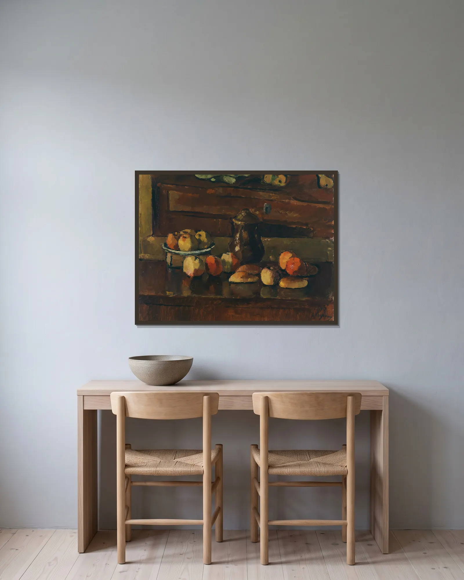 Obststilleben mit Kanne av Anton Faistauer inramad på en vägg